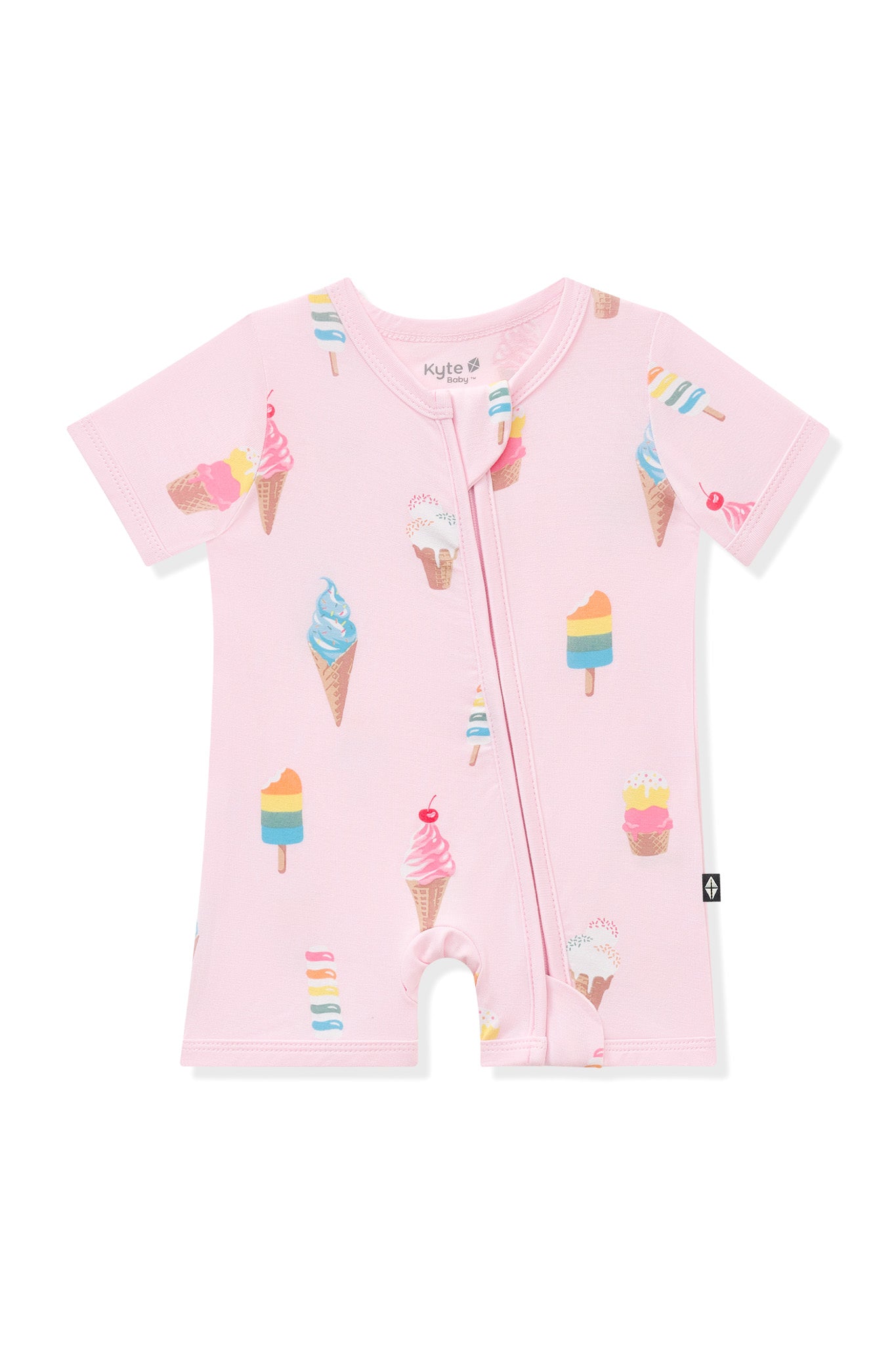 Pink Zipper Shortall Romper in Ice Cream print on white background