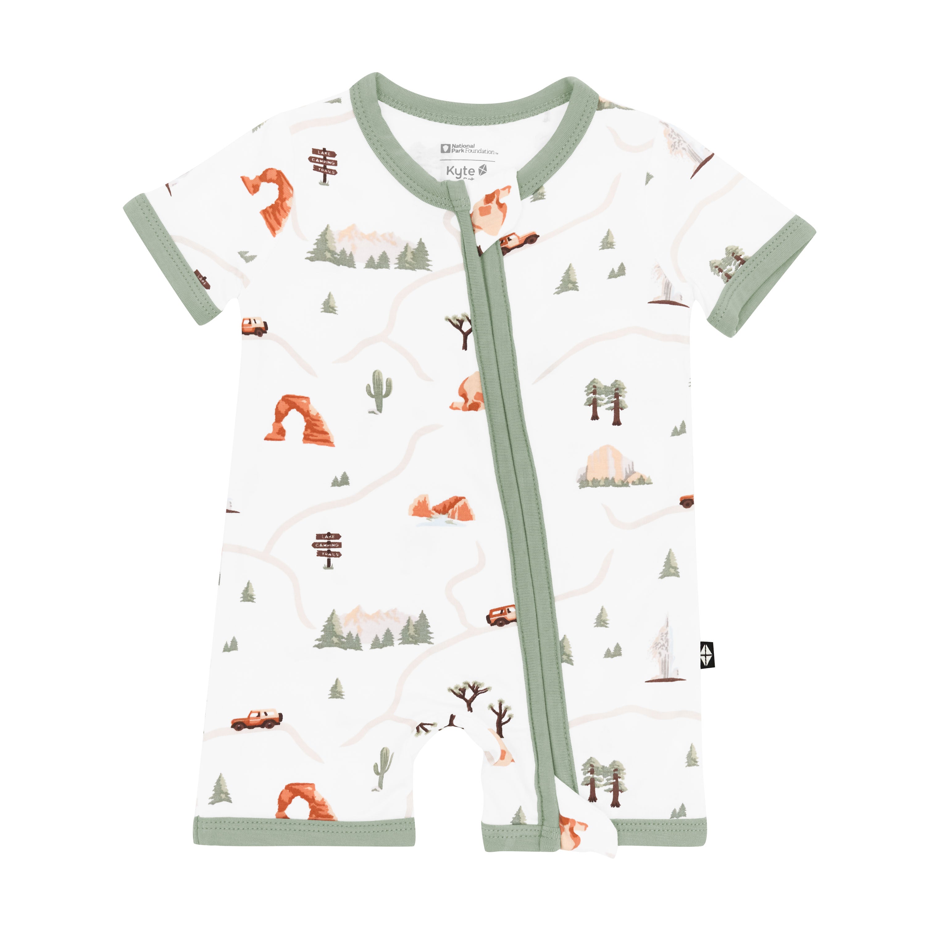 Kyte Baby's Zippered Shortall Romper in Road Trip