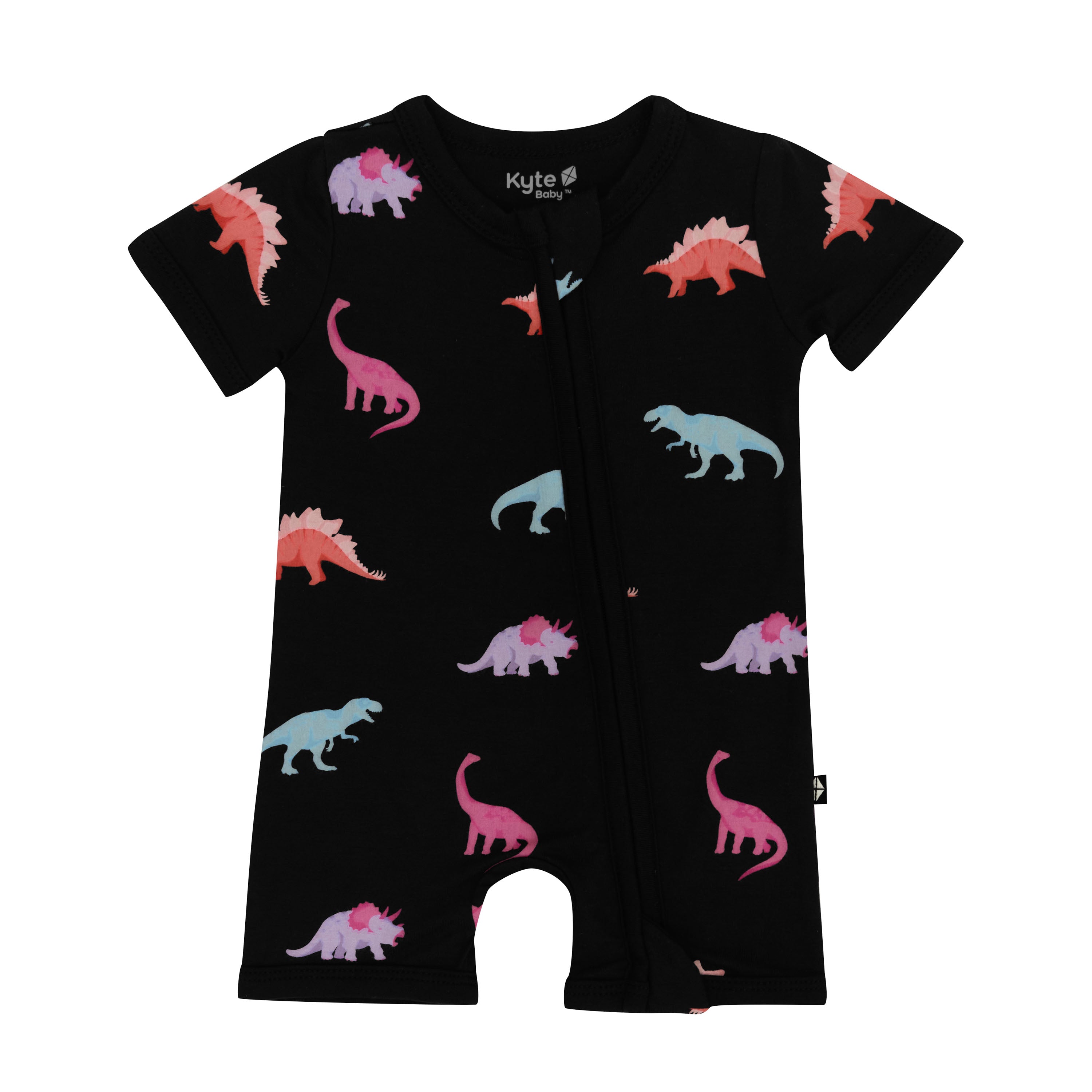 Kyte Baby Zippered Shortall Romper in Midnight Roar Dinosaur print