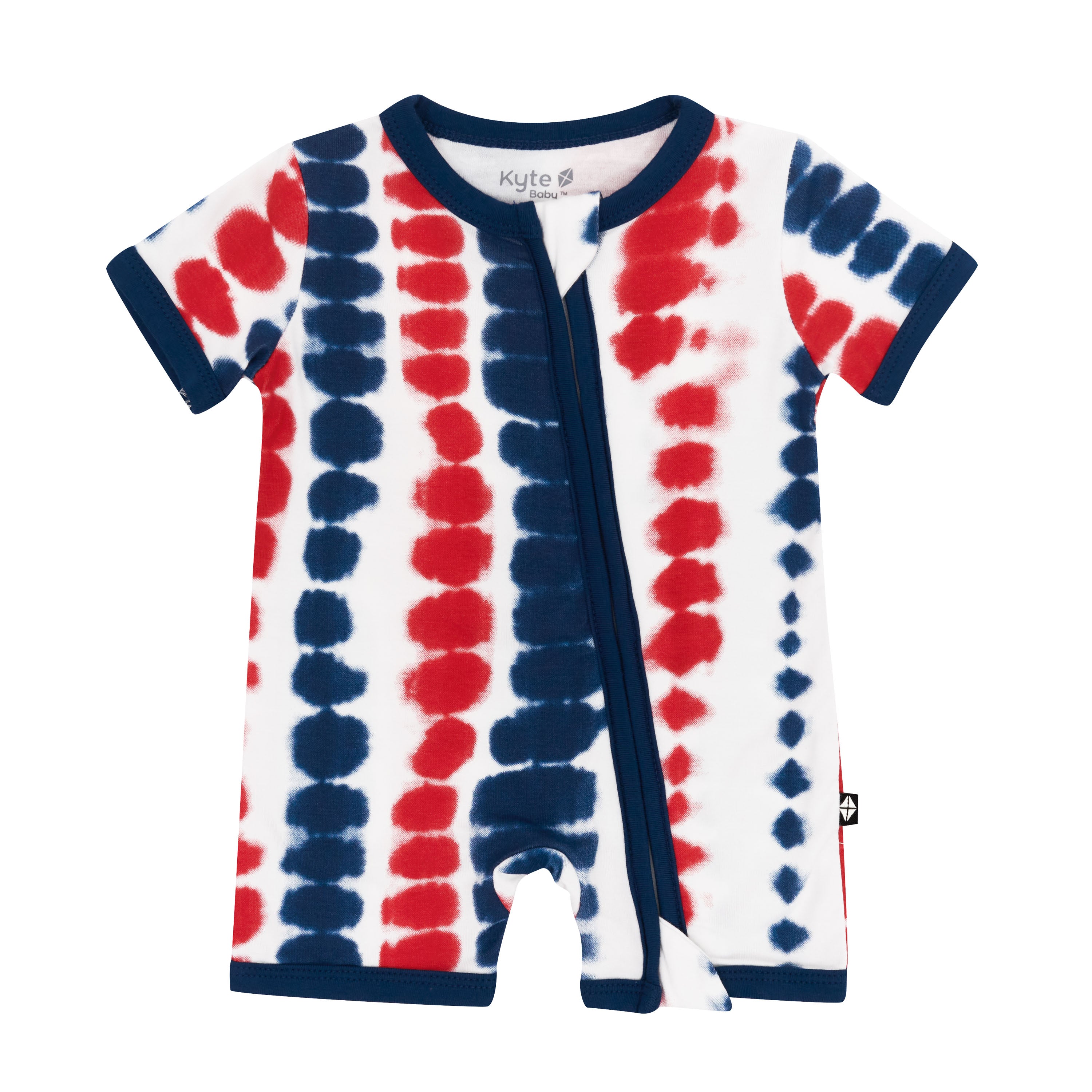 Kyte Baby's Zippered Shortall Romper in Liberty Rip Tide