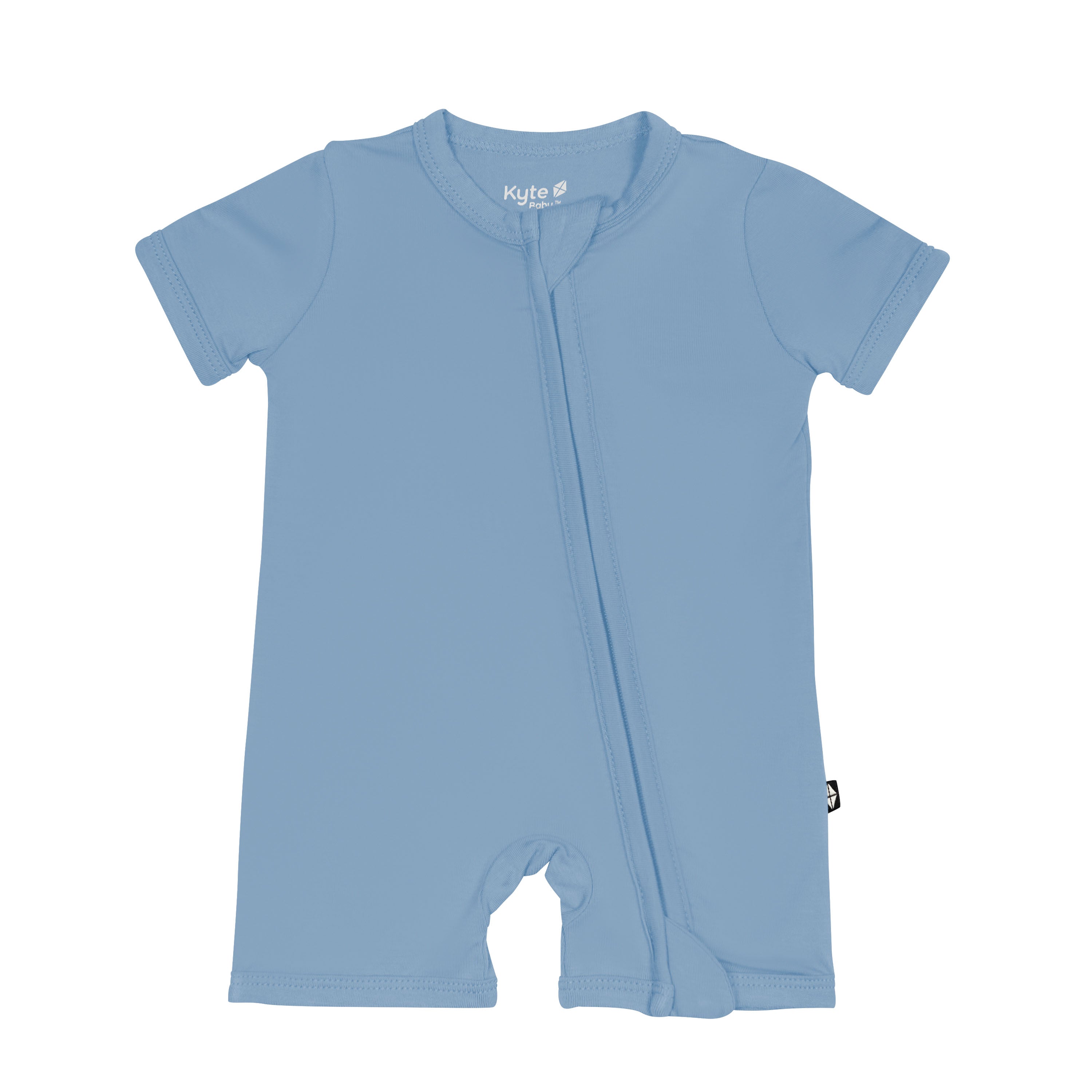 Flat lay of Kyte Baby Zippered Shortall Romper in Slate
