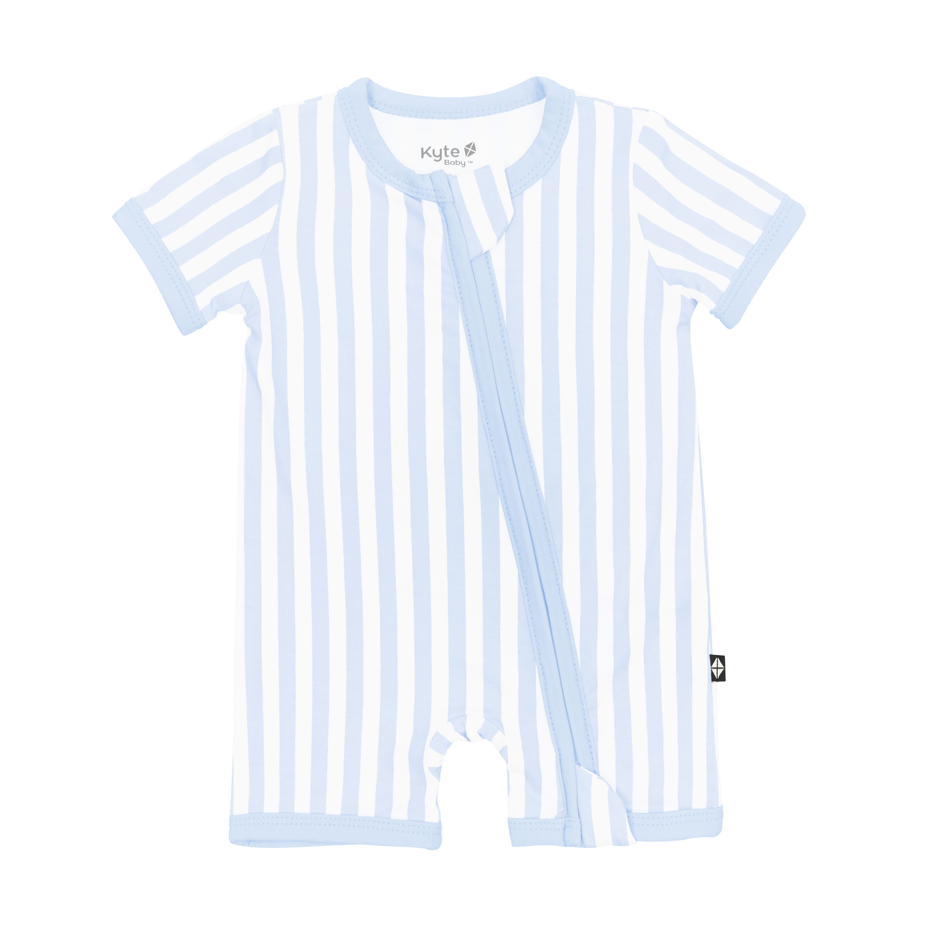 Product photo of Kyte Baby's Zipper Shortall Romper in Small Mist Stripe