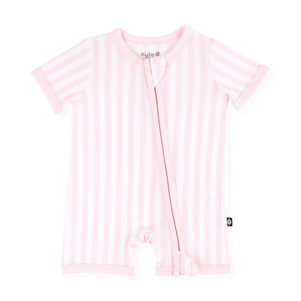 Product photo of the Zipper Shortall Romper in Small Sakura Stripe