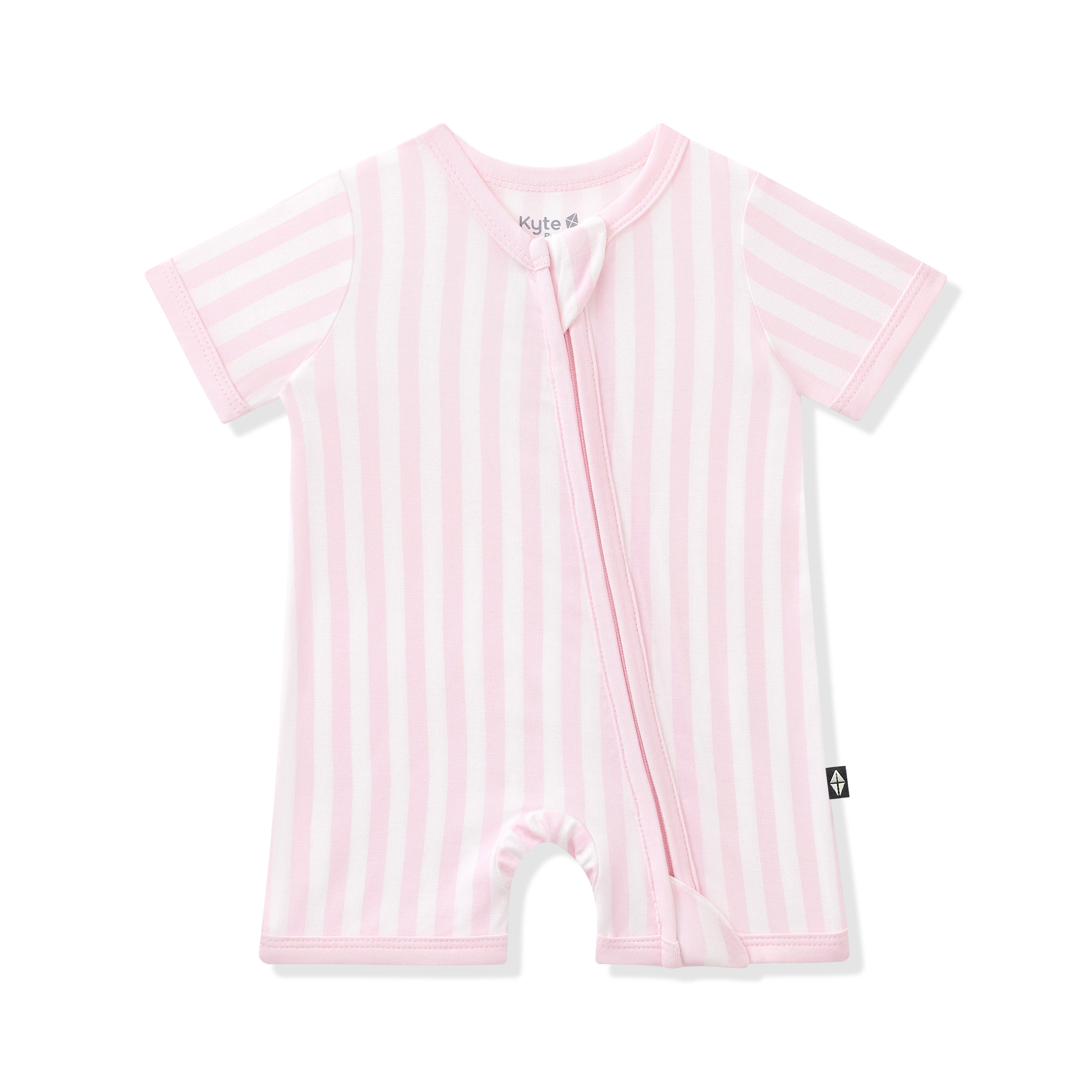 Product photo of the Zipper Shortall Romper in Small Sakura Stripe