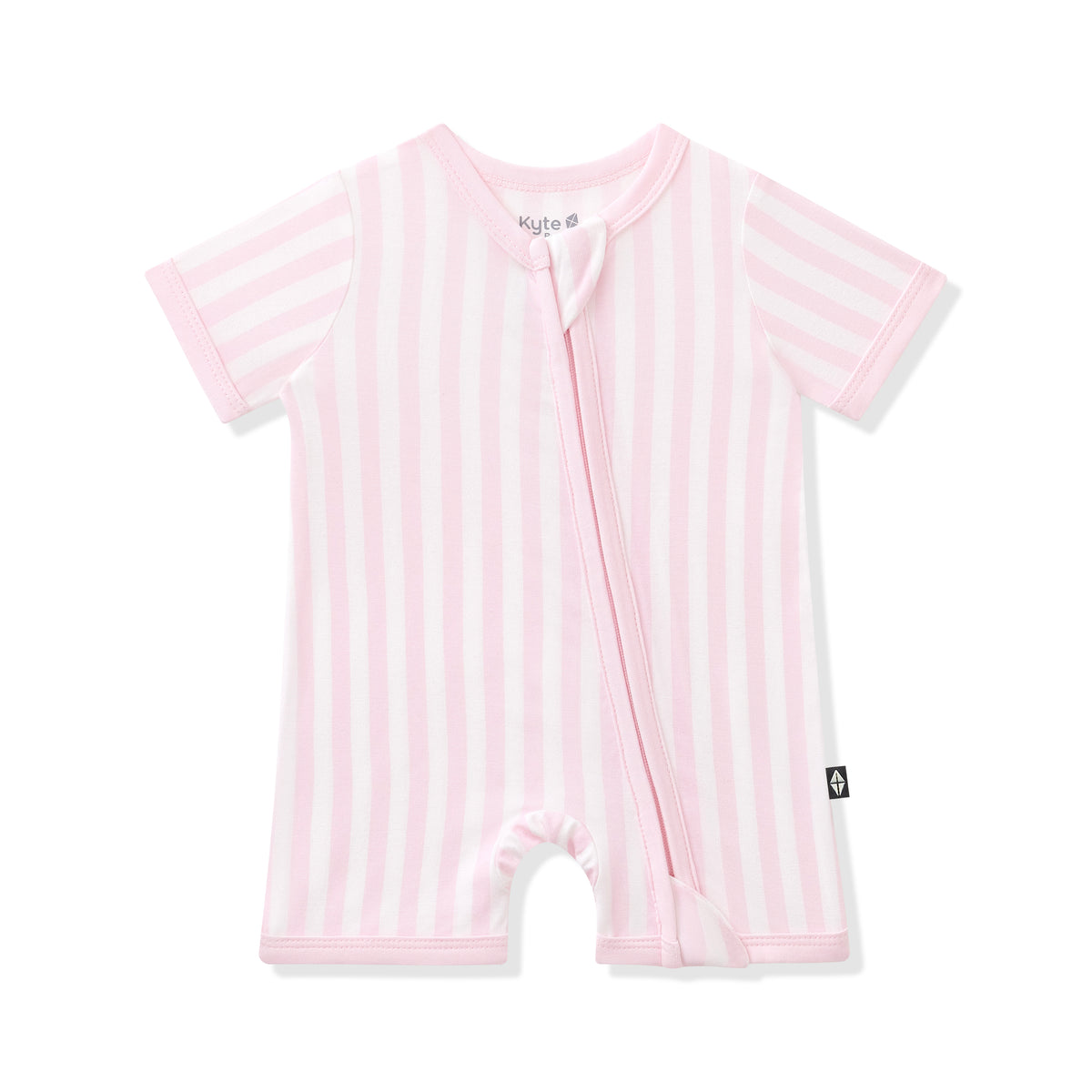 Product photo of the Zipper Shortall Romper in Small Sakura Stripe