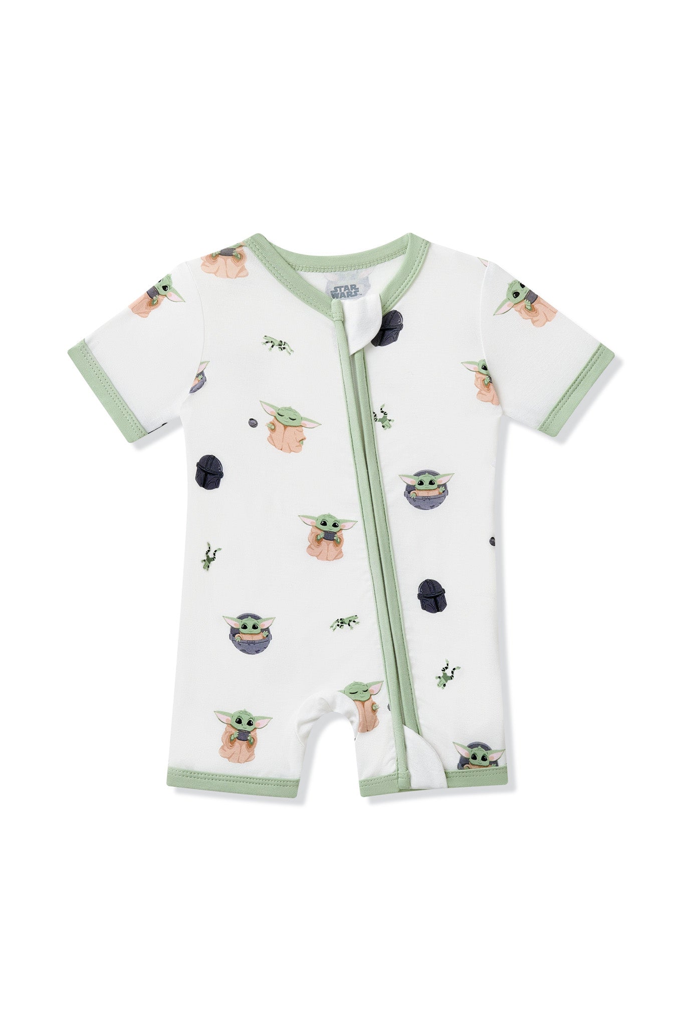 Product photo of the Zipper Shortall Romper in Grogu™ on a white background