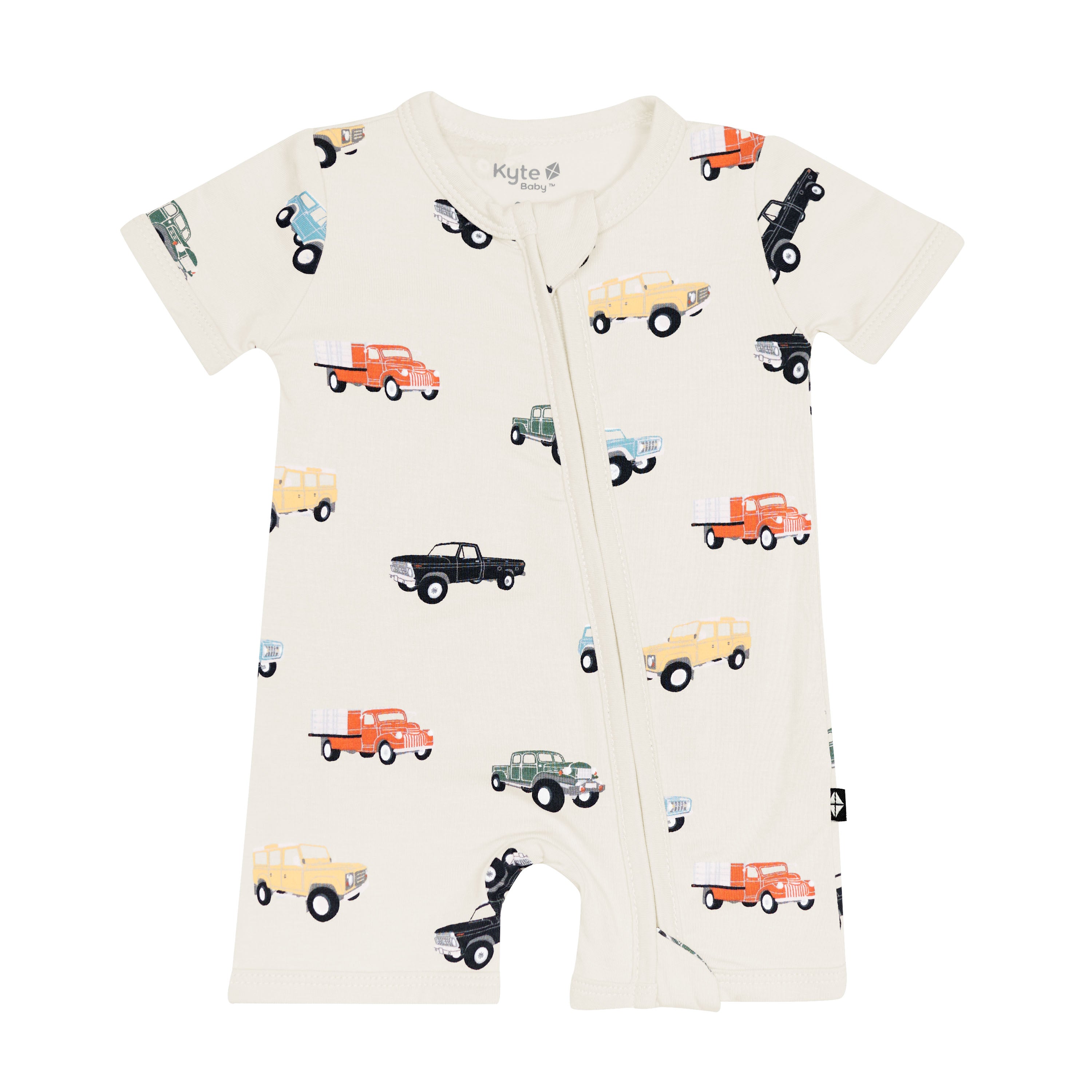 Kyte Baby Zippered Shortall Romper in Vintage Truck