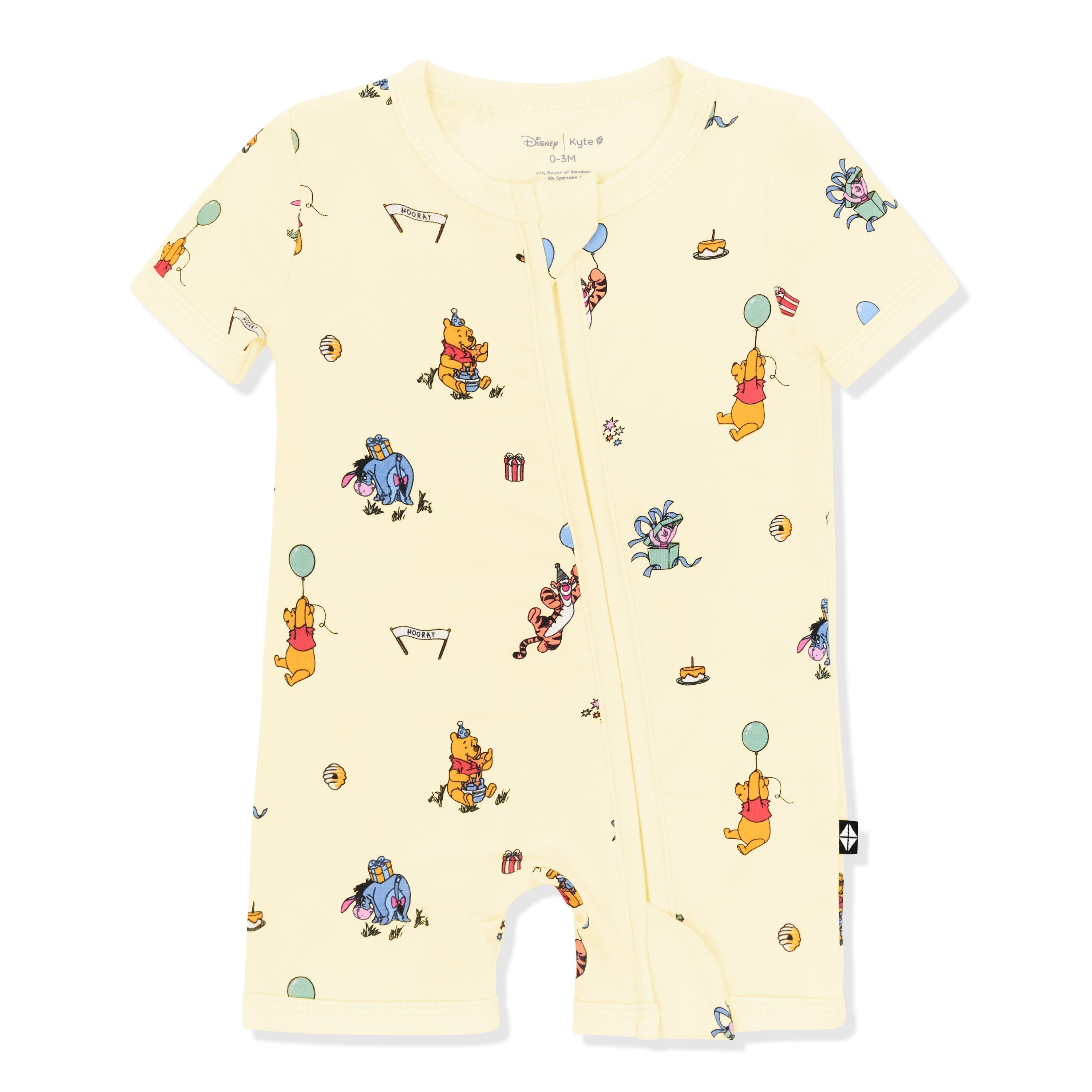 Product photo of the Zipper Shortall Romper in Winnie the Pooh Celebration