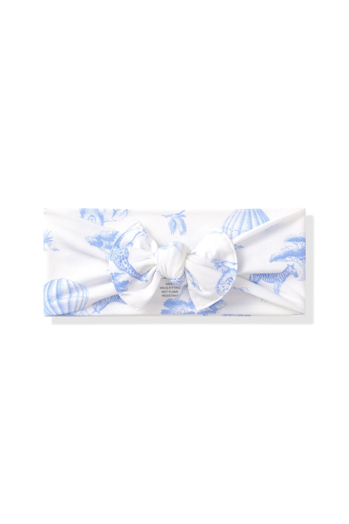 Product photo of the Knotted Bow Headband in Toile Safari shown on a white surface