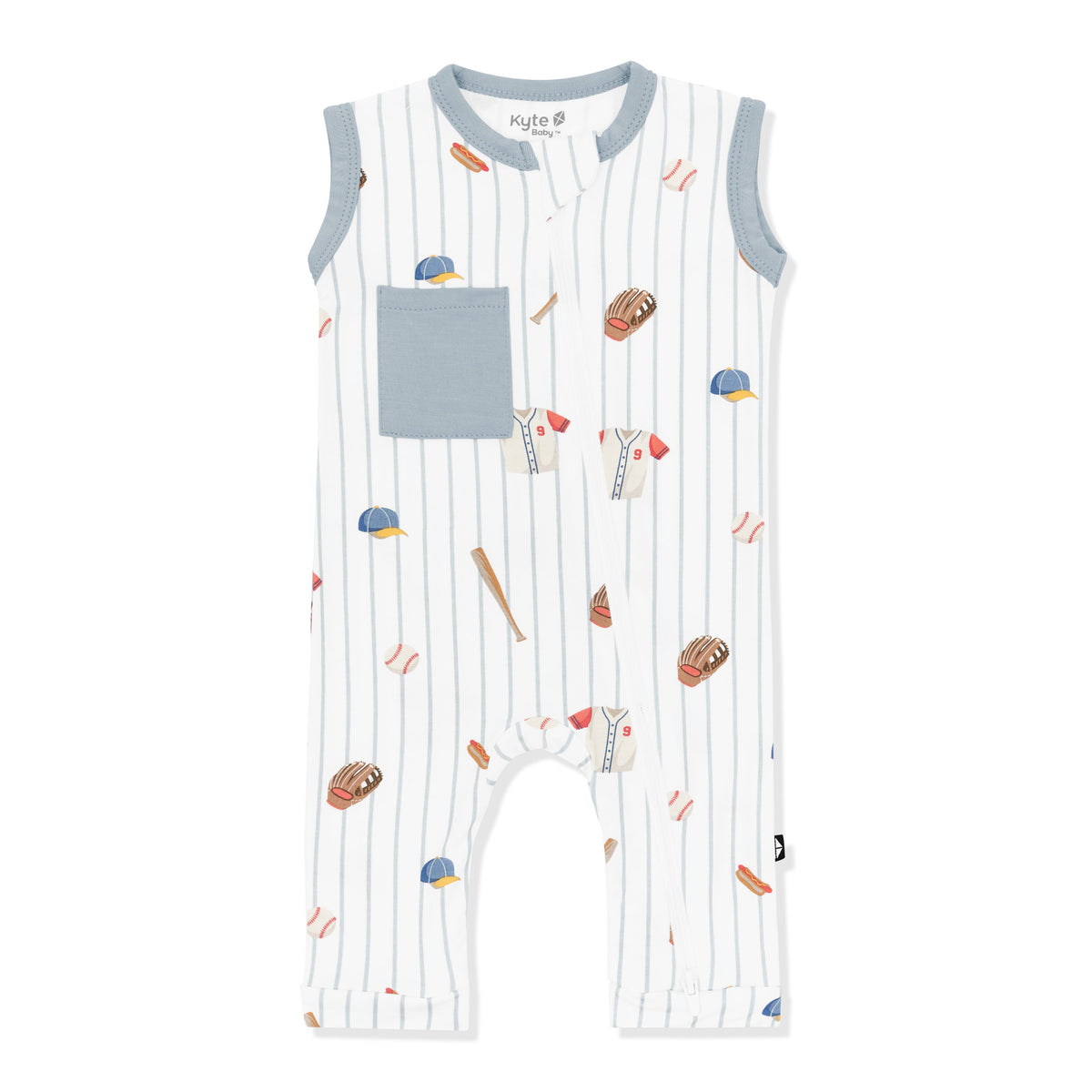 Zippered Sleeveless Romper in Home Run with the muted blue trim and pocket on a white surface