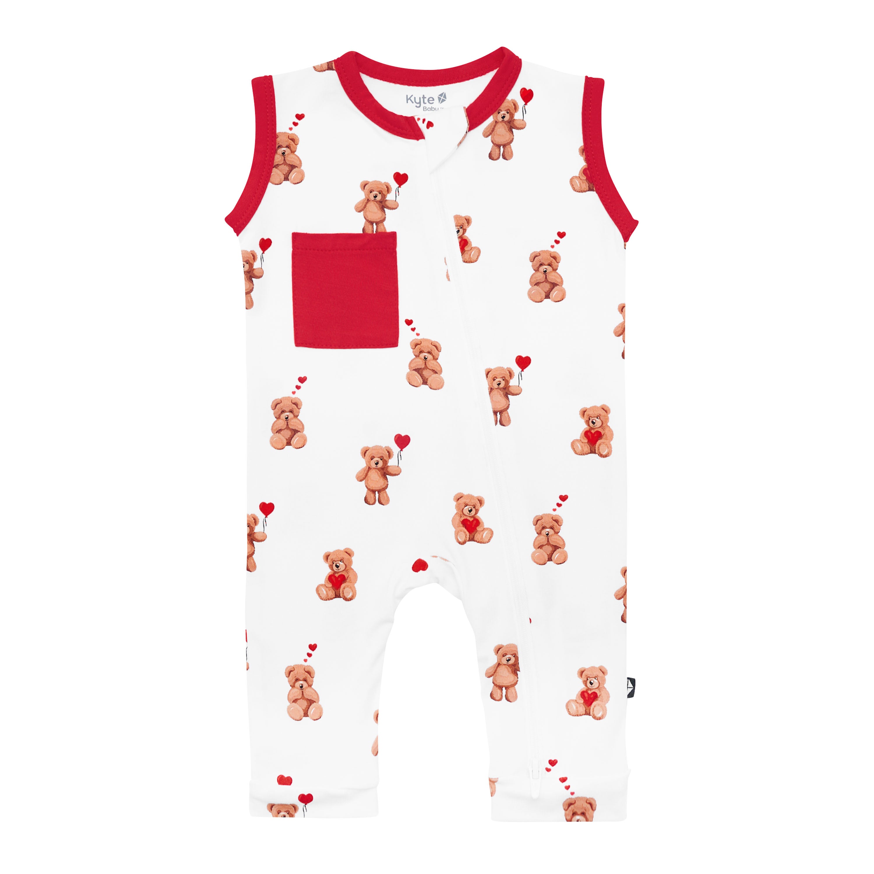 Product photo of the temperature regulating Zippered Sleeveless Romper in Bear Hearts