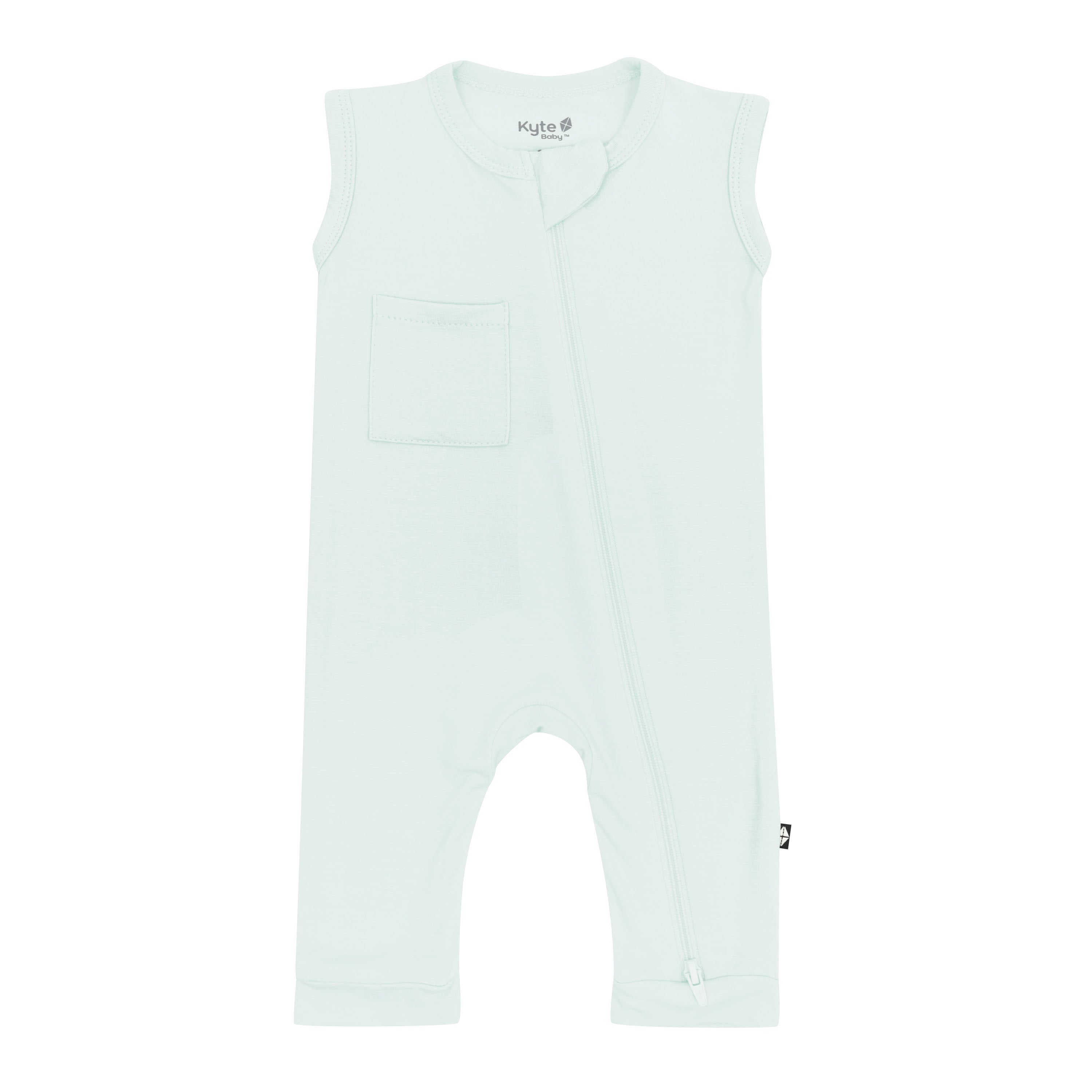 Kyte Baby's Zippered Sleeveless Romper in Dew showing front pocket and zippered closure