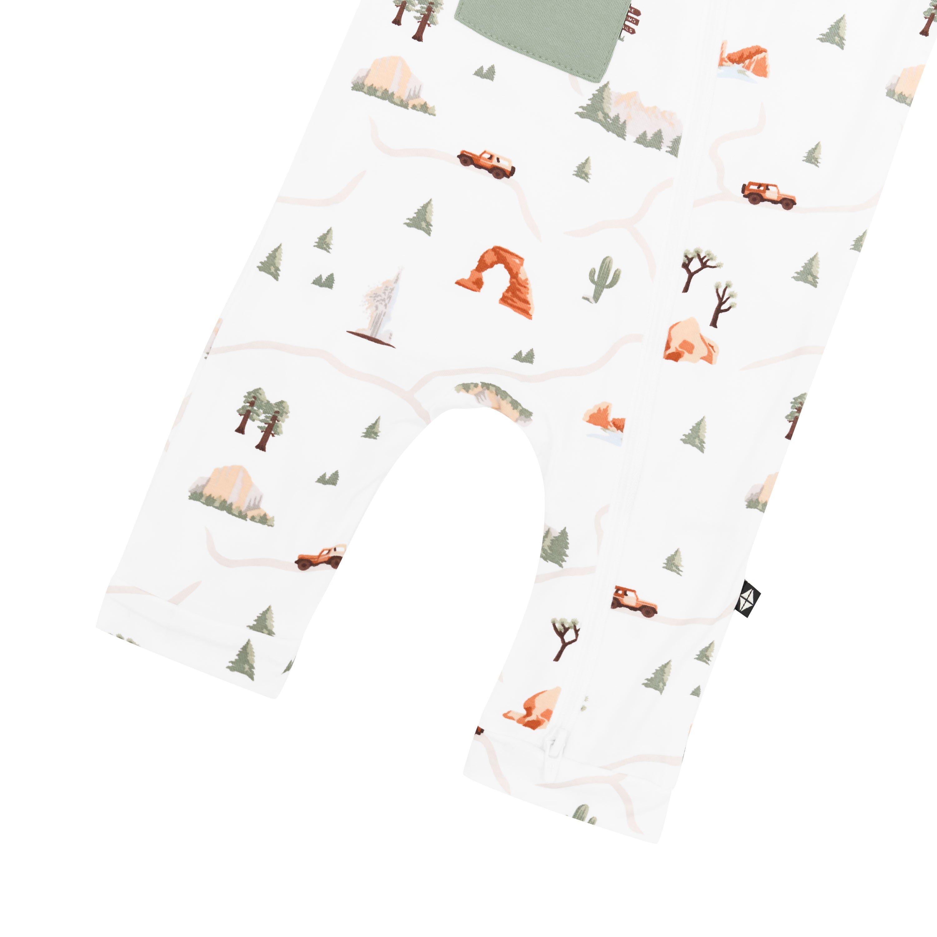 Double zipper shown on the leg on the Zippered Sleeveless Romper in Road Trip