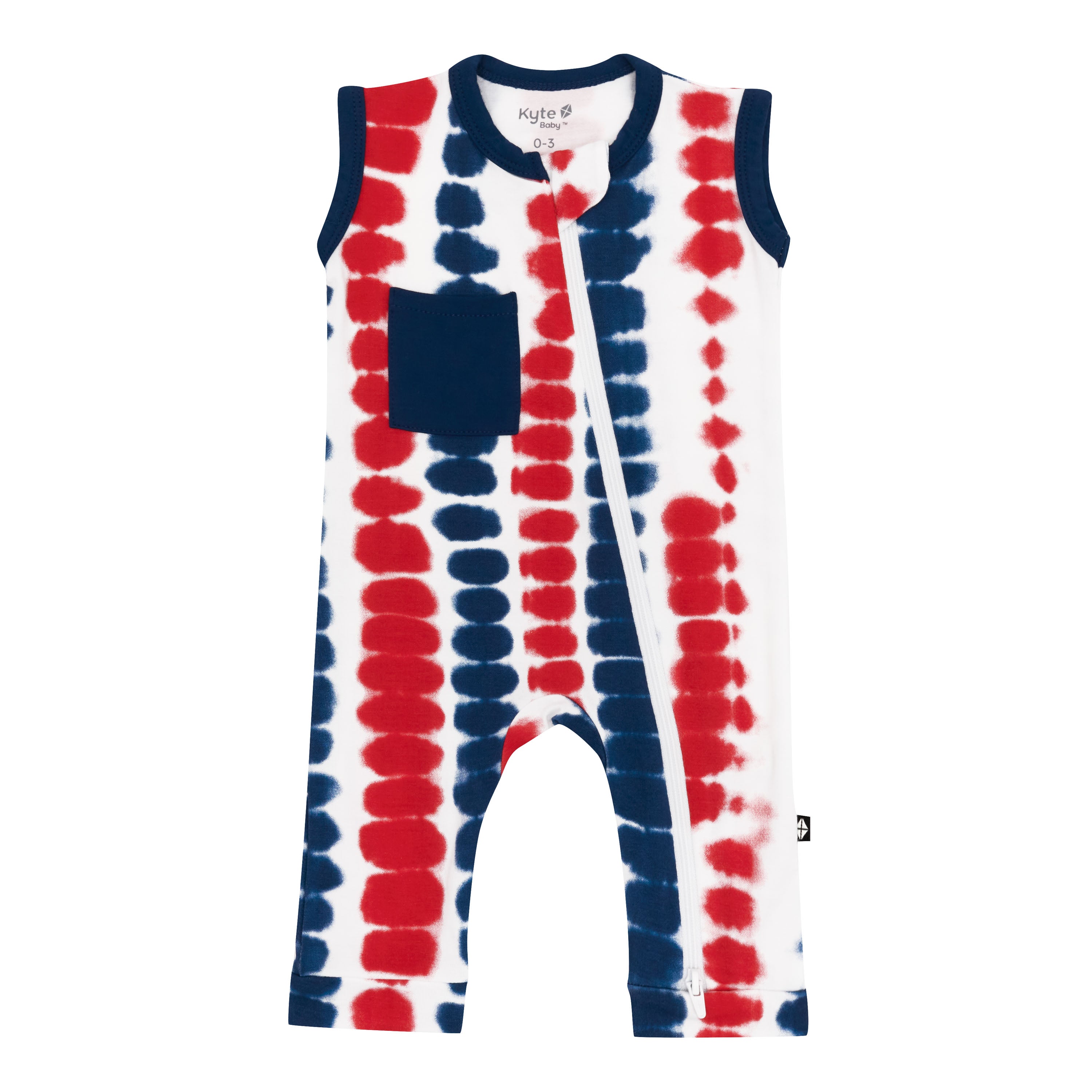 Kyte Baby's Zippered Sleeveless Romper in Liberty Rip Tide