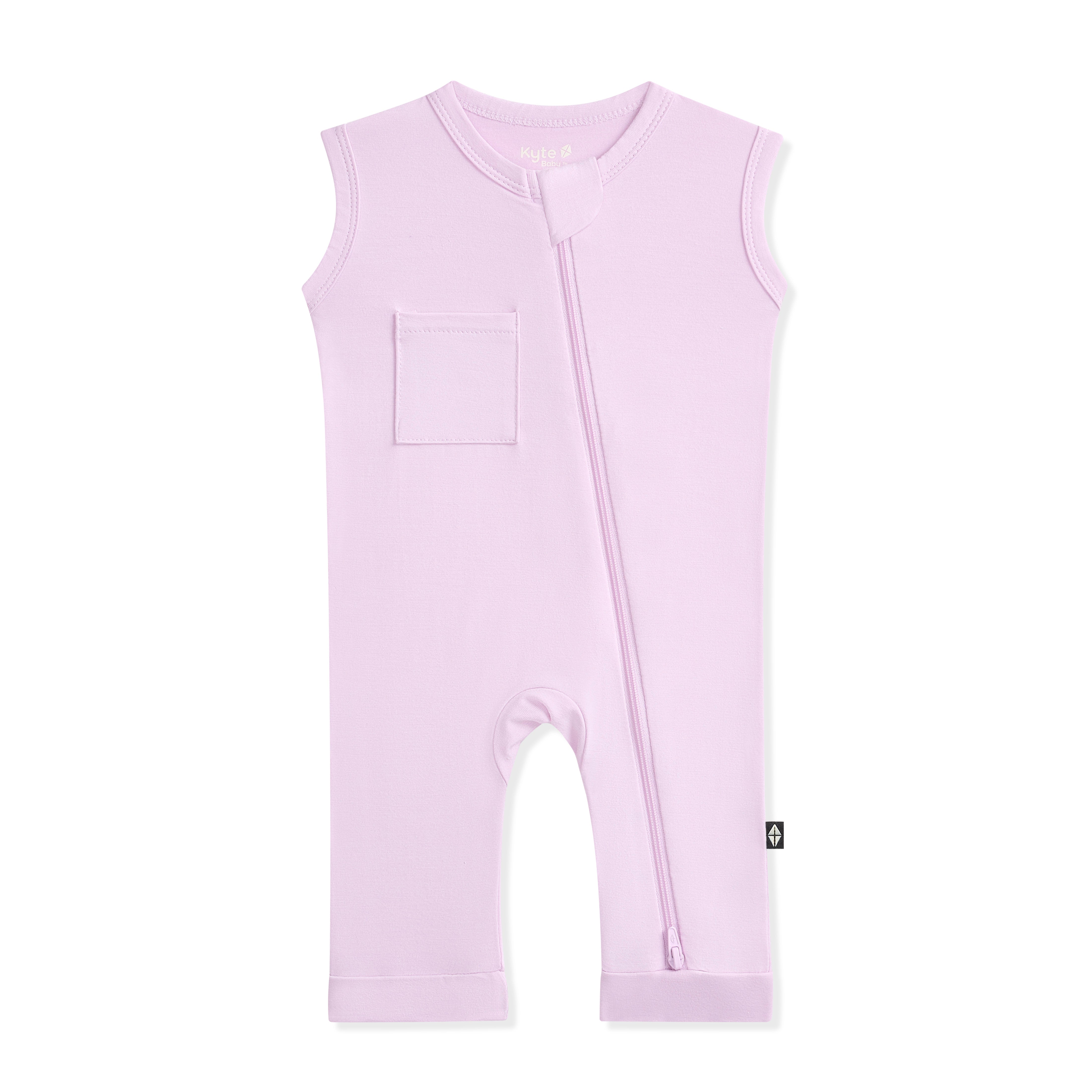 Purple sleeveless baby romper with a zipper on a white background