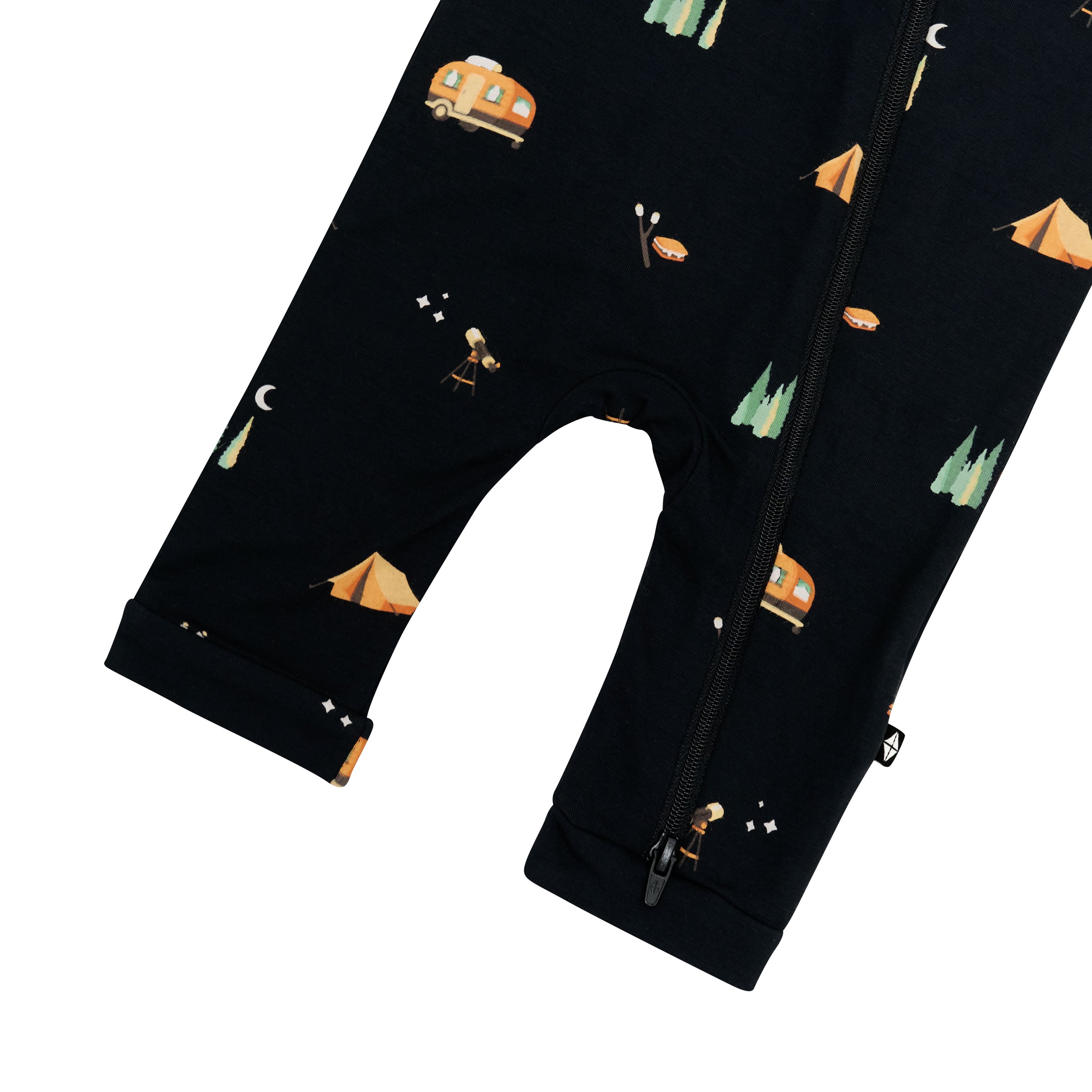 Double zipper shown on the leg on the Zippered Sleeveless Romper in Under the Stars
