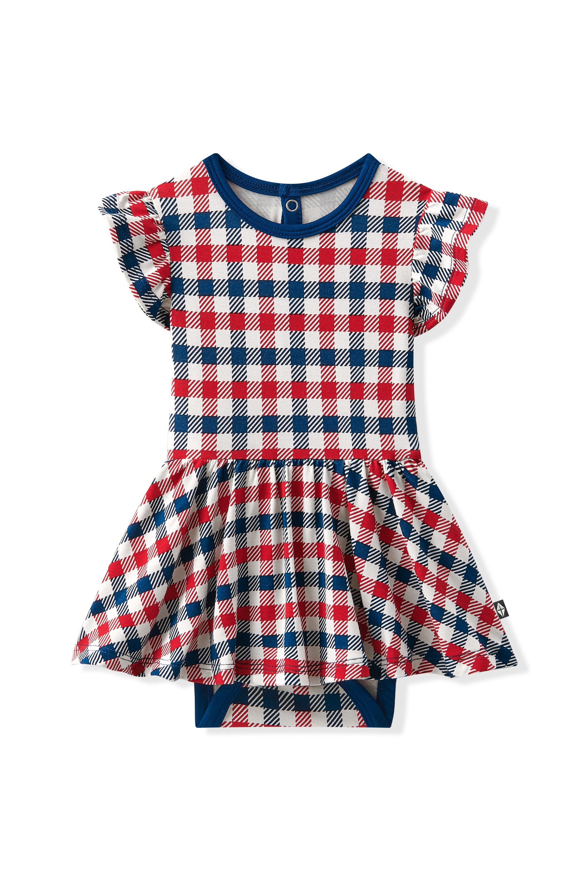 Twirl Bodysuit Dress in red blue and white Patriotic Gingham check print on a white background