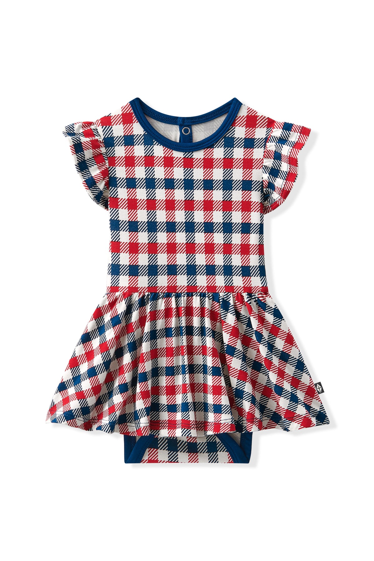 Twirl Bodysuit Dress in red blue and white Patriotic Gingham check print on a white background