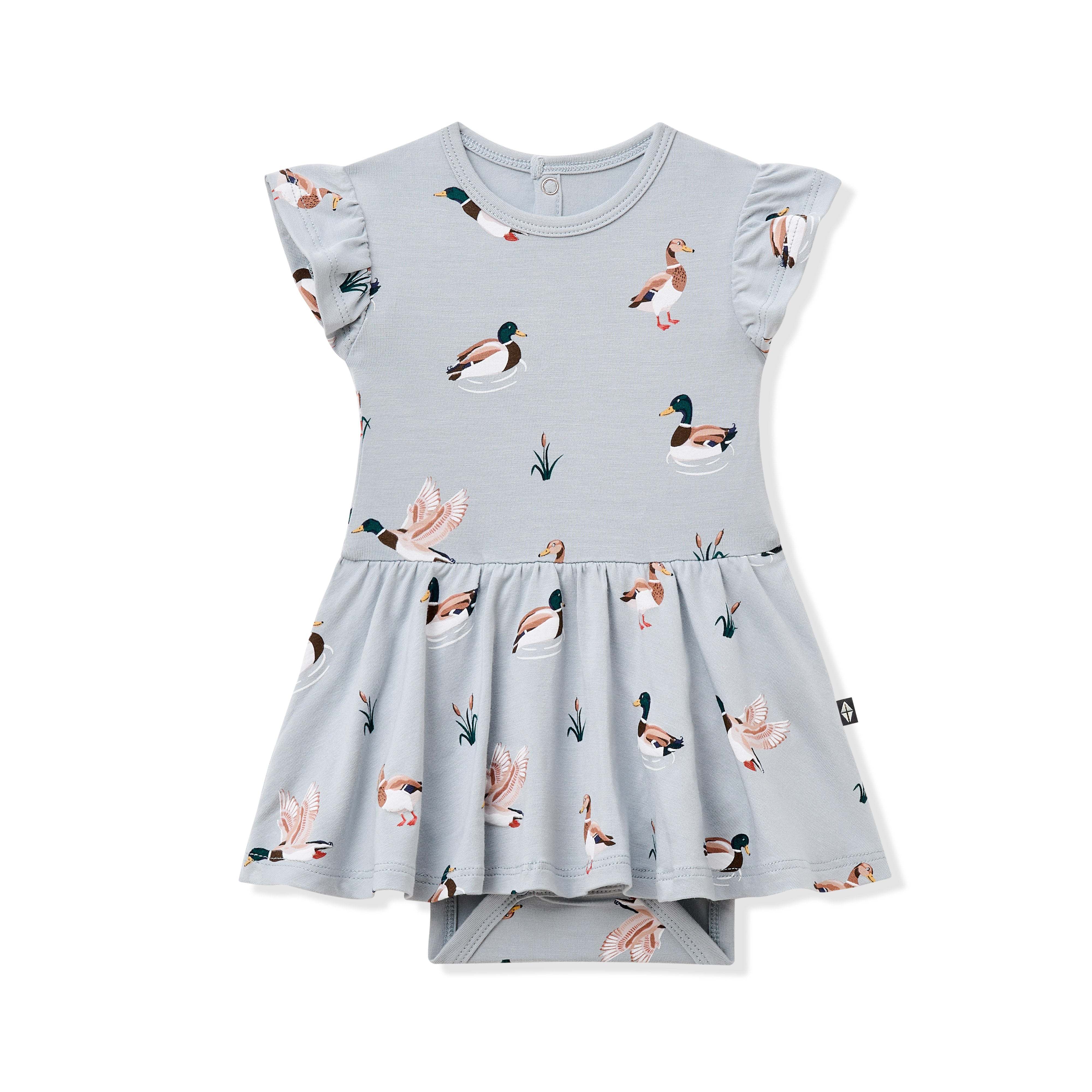 Product photo of the Twirl Bodysuit Dress in Mallard Duck on a white background