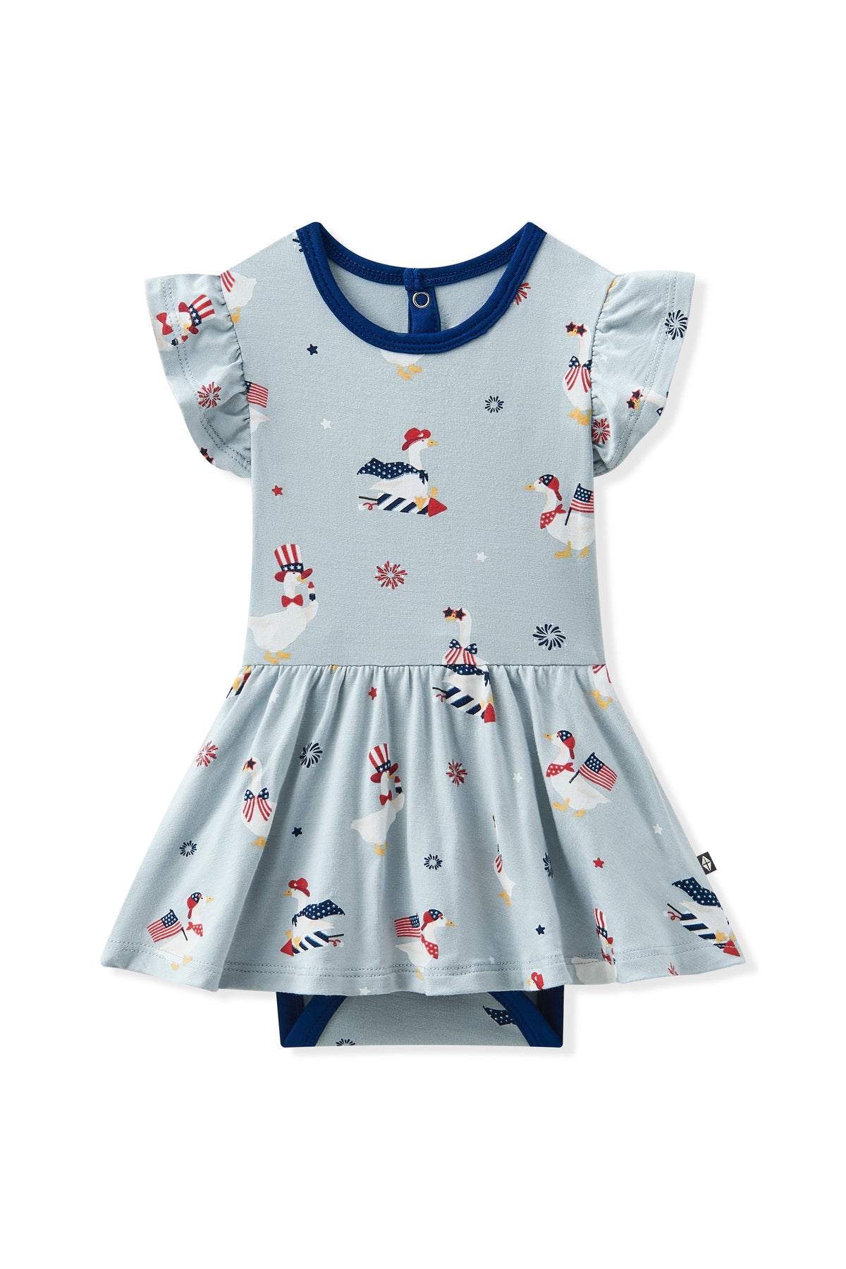Light blue Twirl Bodysuit Dress in Patriotic Goose print on a white background