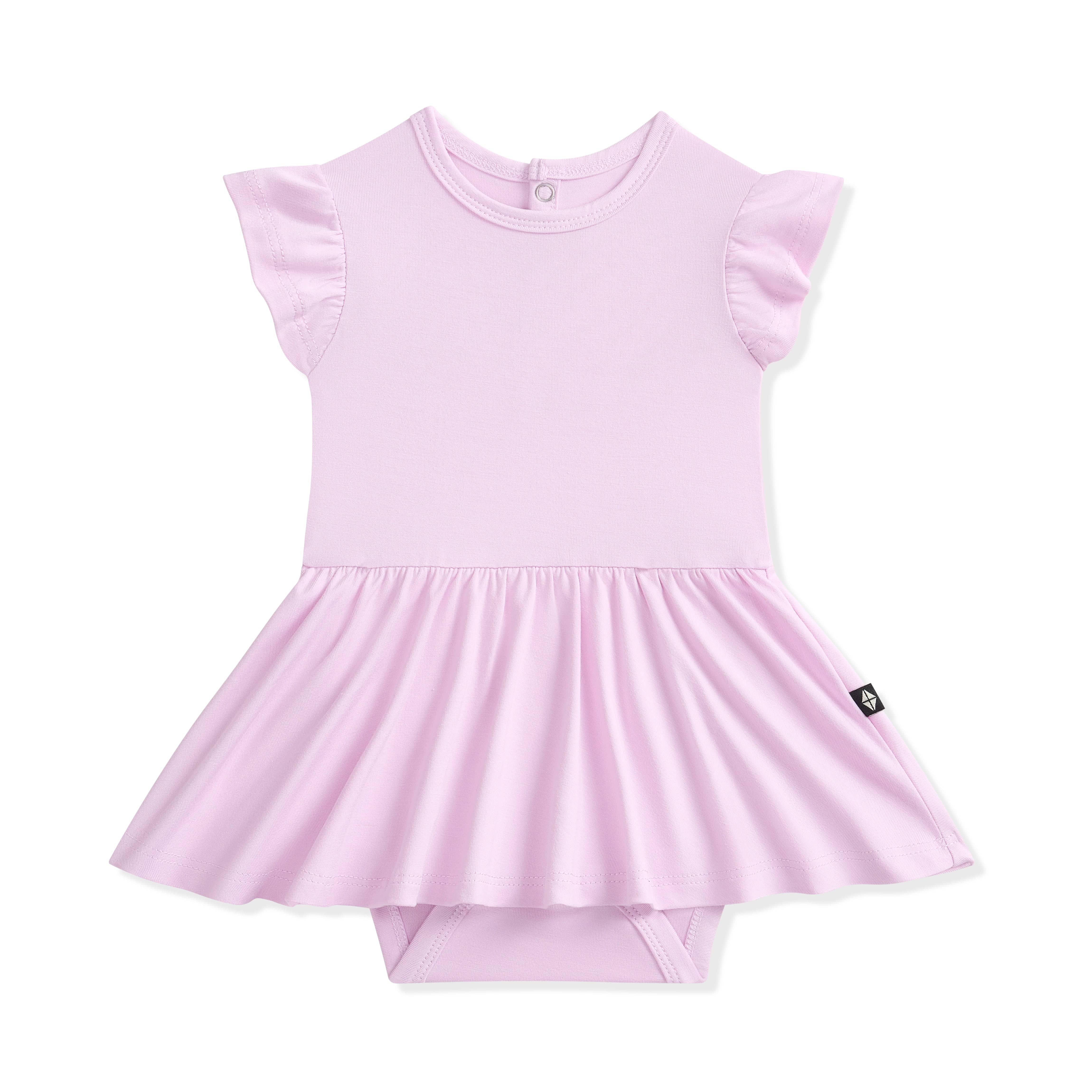 Light purple bodysuit dress with ruffled sleeves on a white background