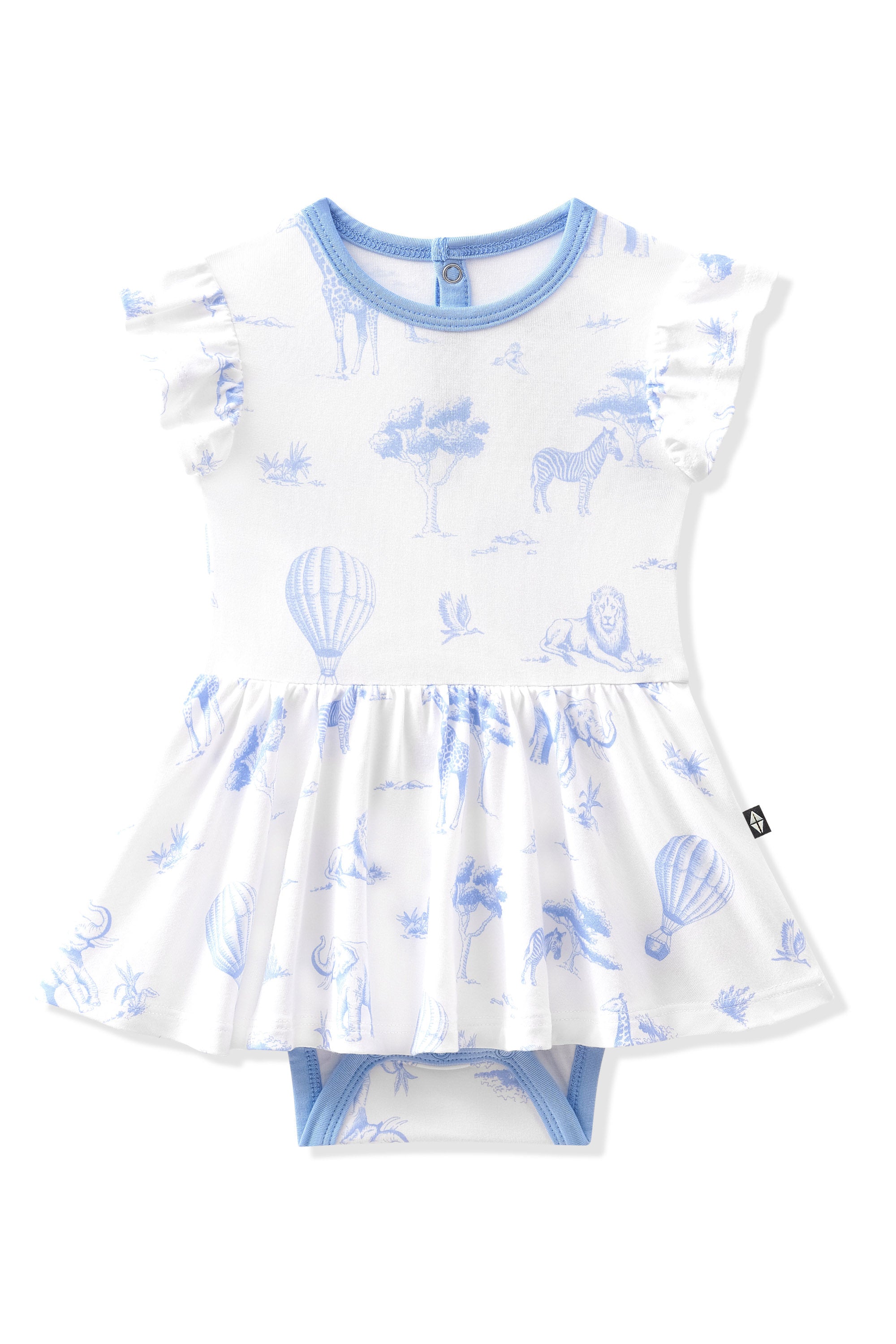 Product photo of the Twirl Bodysuit Dress in Toile Safari on a white background