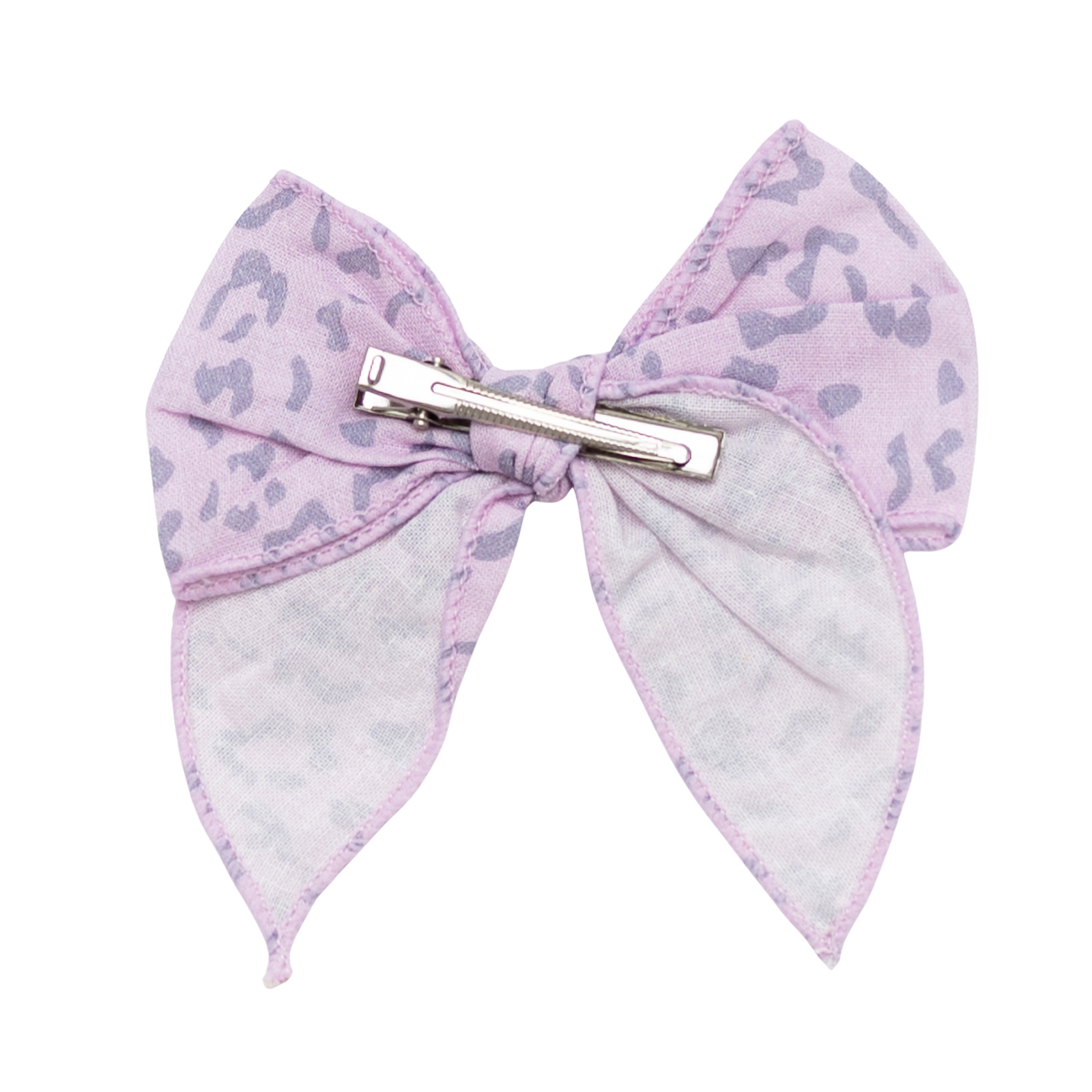 Back of Linen Fable Bow in Taro Leopard with Alligator Clip