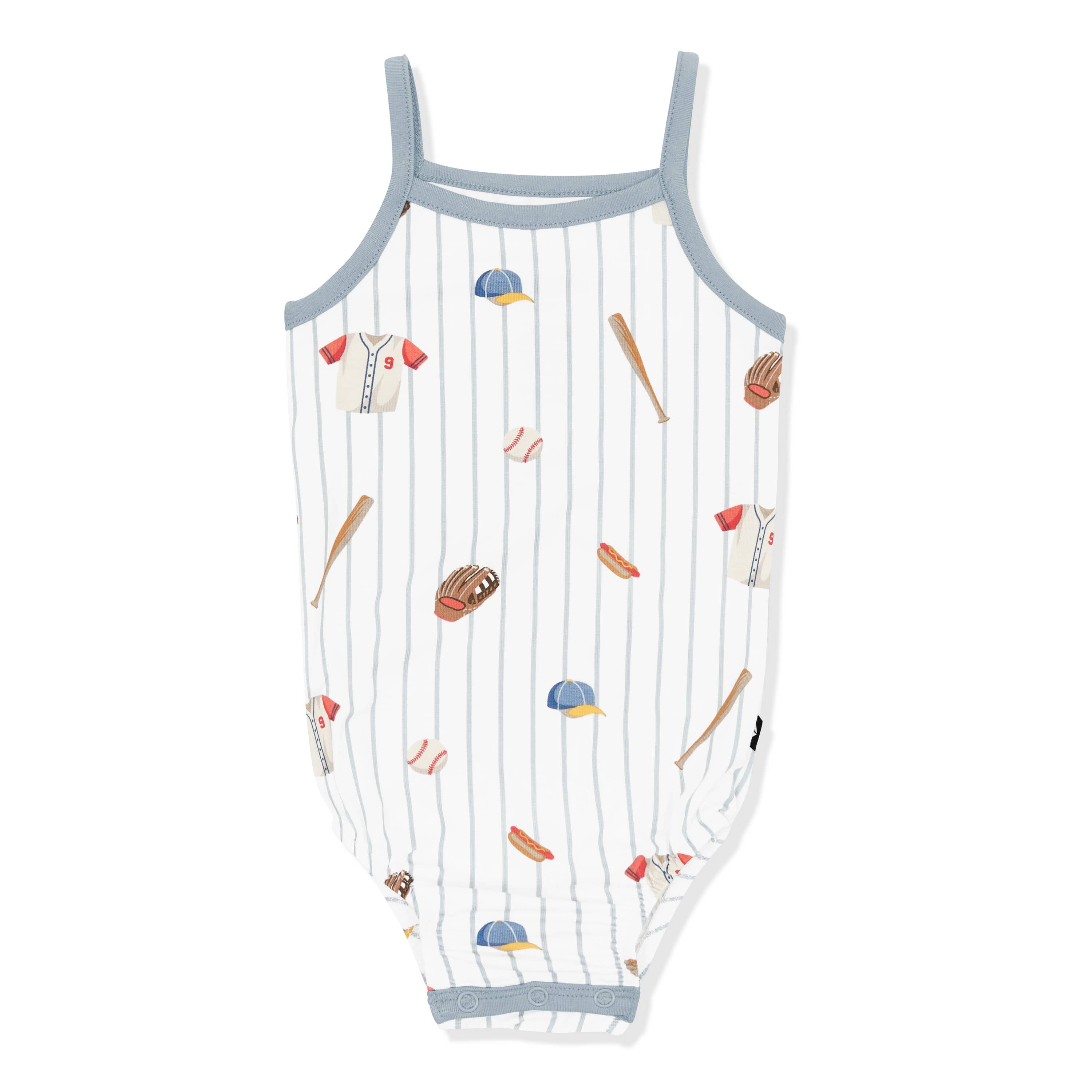 Spaghetti Strap Leotard in Home Run with muted blue trim on a white background