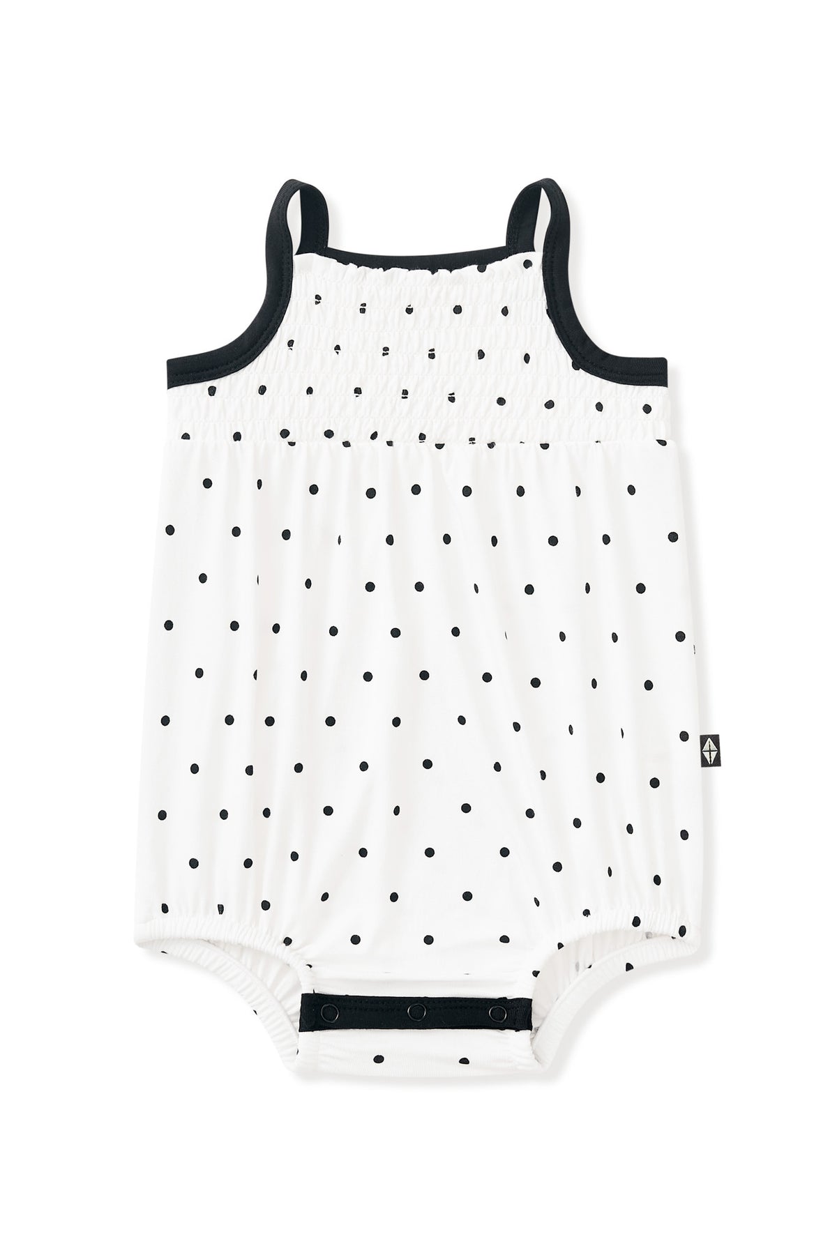 Smocked Bubble Romper in Midnight Polka Dot on white background