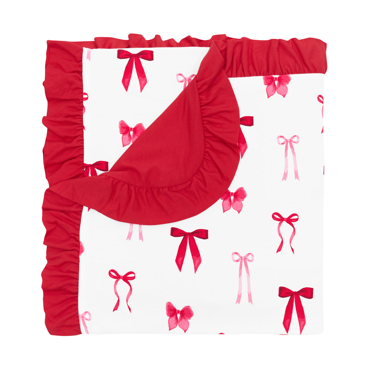 Ruffle Baby Blanket in Small Love Bow 0.5 with the corner flipped down showing the red backing
