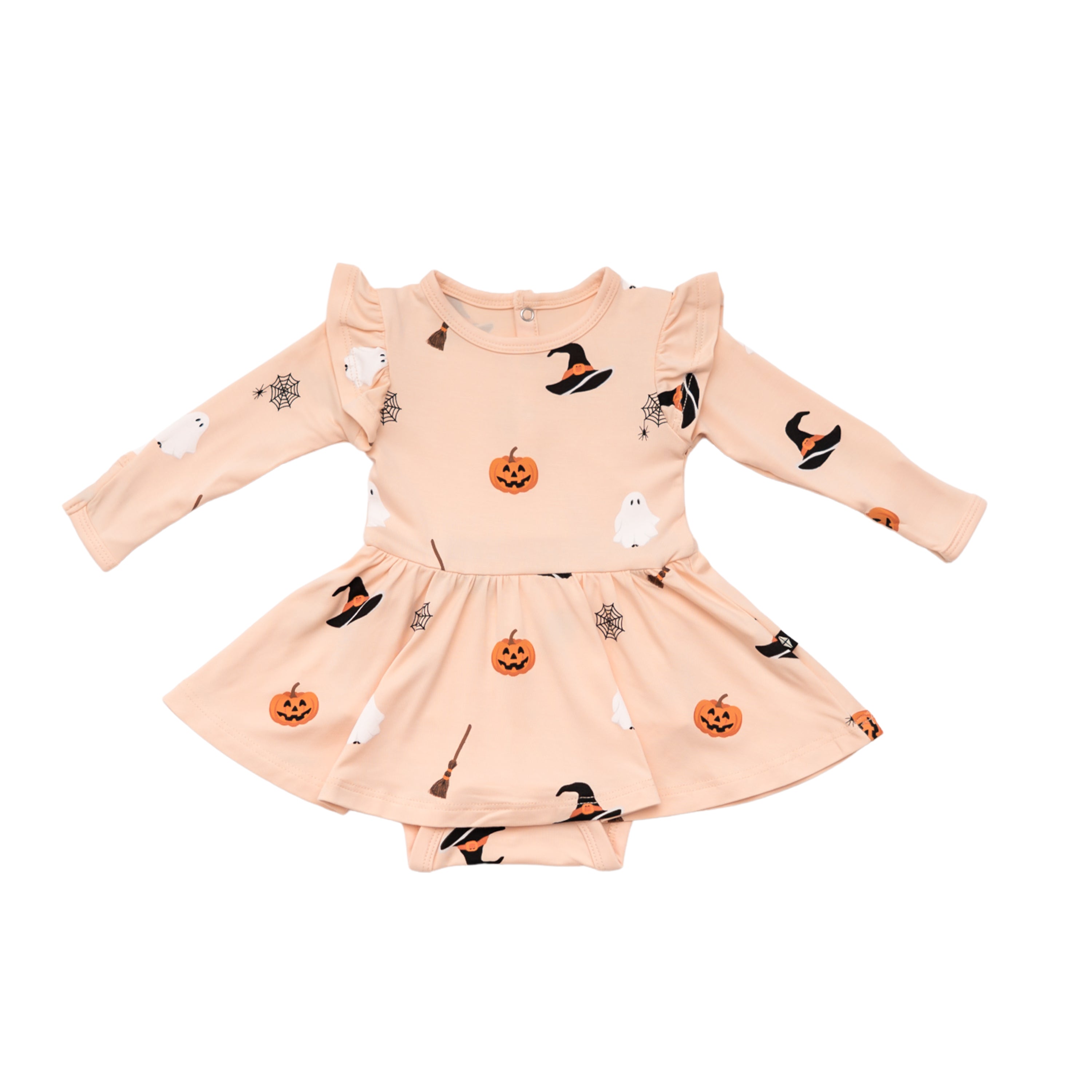 Halloween-themed Kyte Babty twirl bodysuit dress with pumpkins, ghosts, and witches' hats on a peach background.