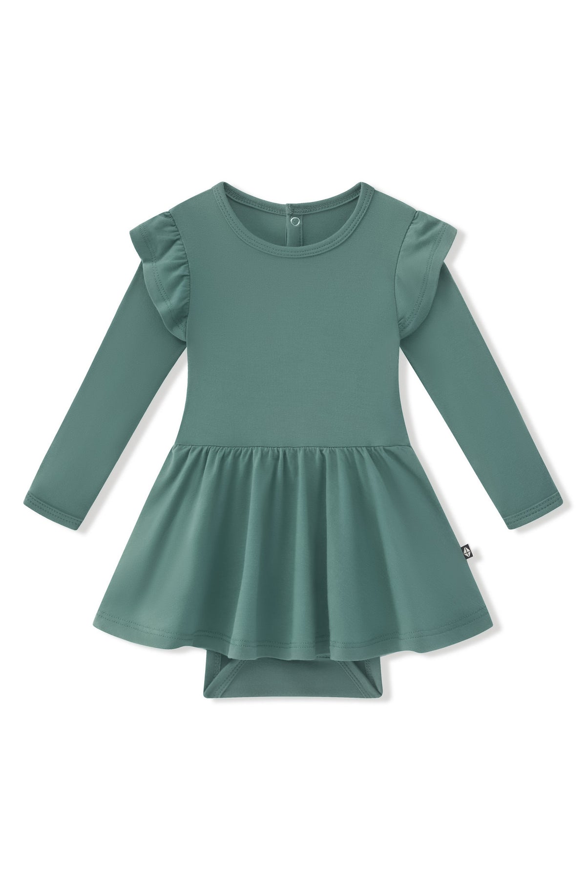 Long Sleeve Twirl Bodysuit Dress in Pine on a white background