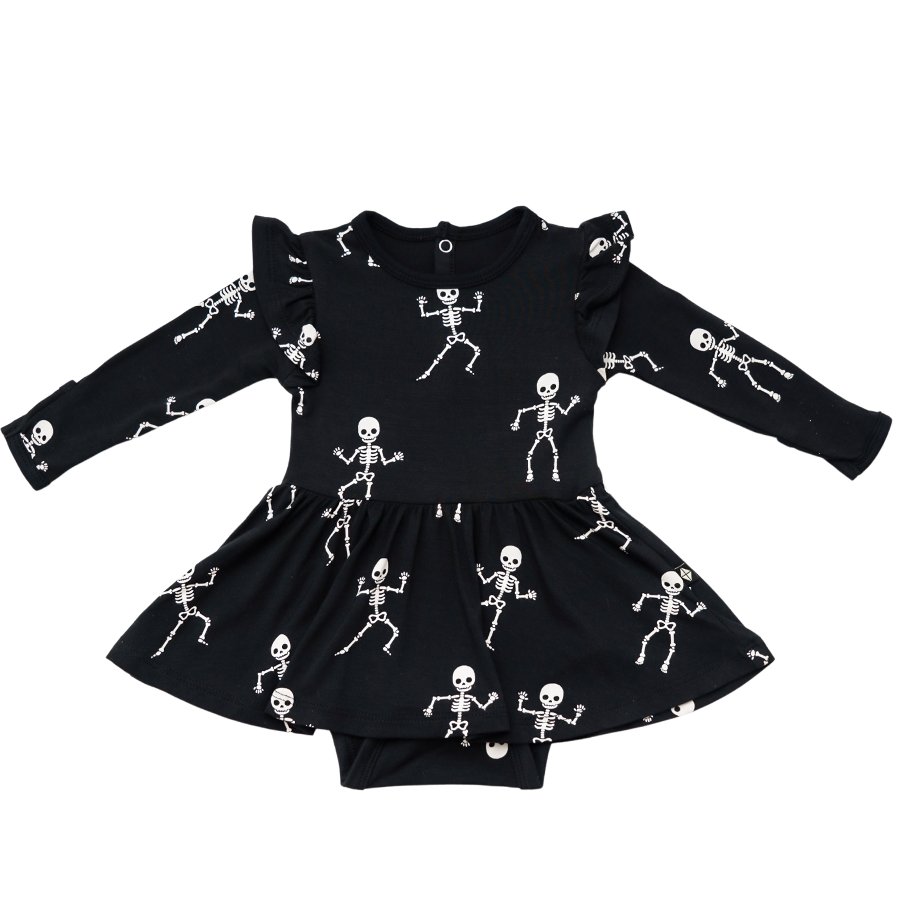 Kyte Baby Black bodysuit twirl dress with skeleton patterns on a white background