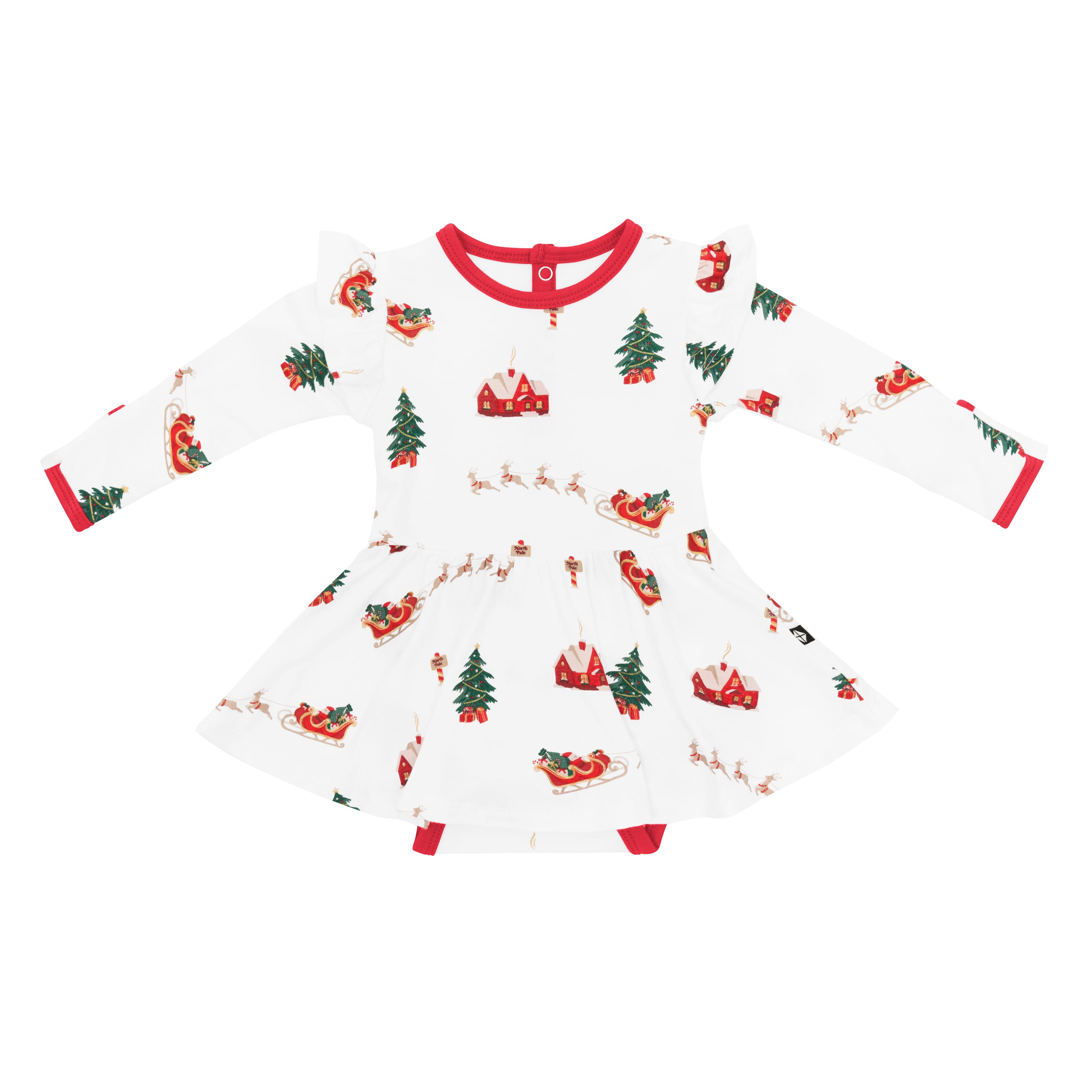 Product photo of the Long Sleeve Twirl Bodysuit Dress in Santa Sleigh