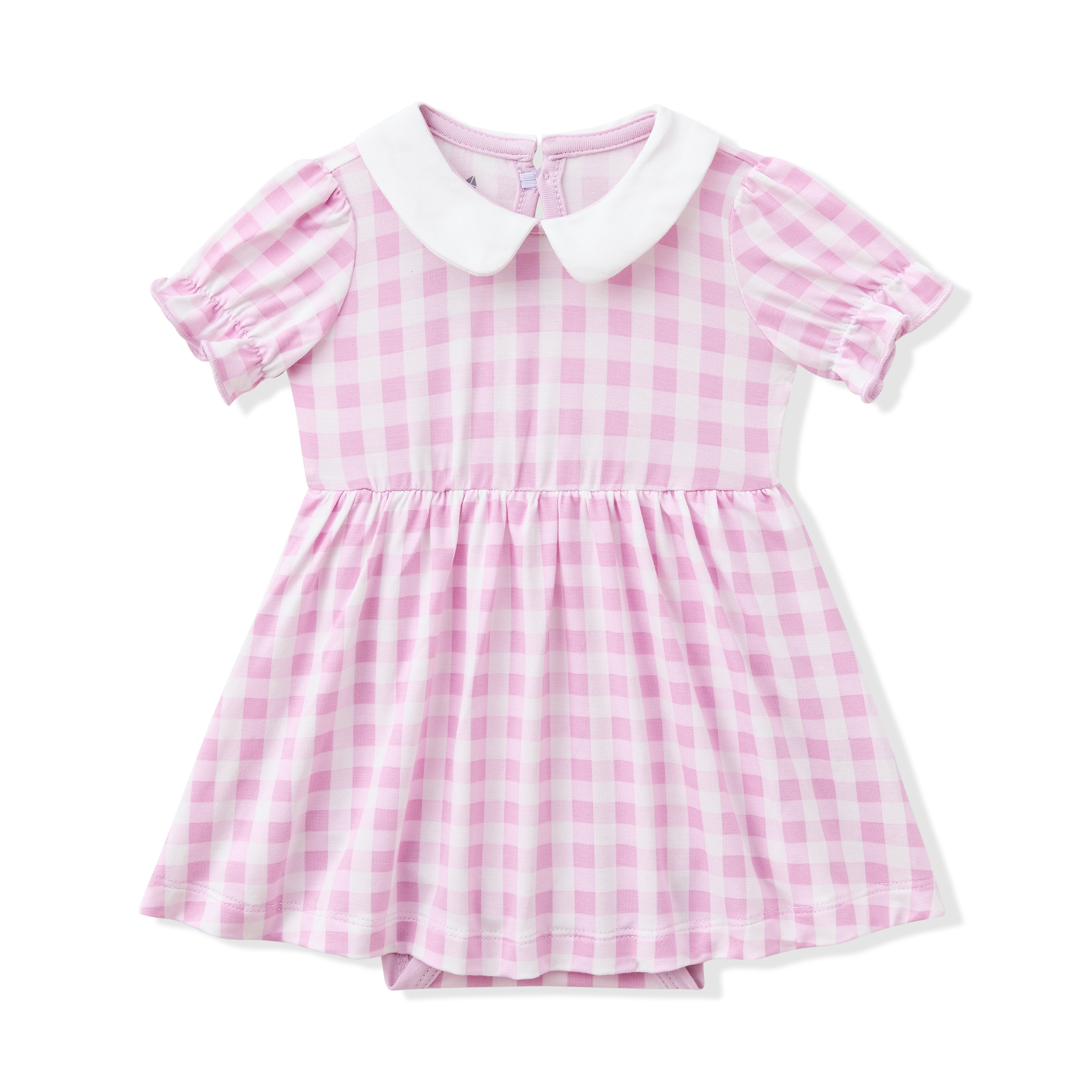 Product photo of the Peter Pan Collar Bodysuit Dress in Gingham Thistle shown on a white surface