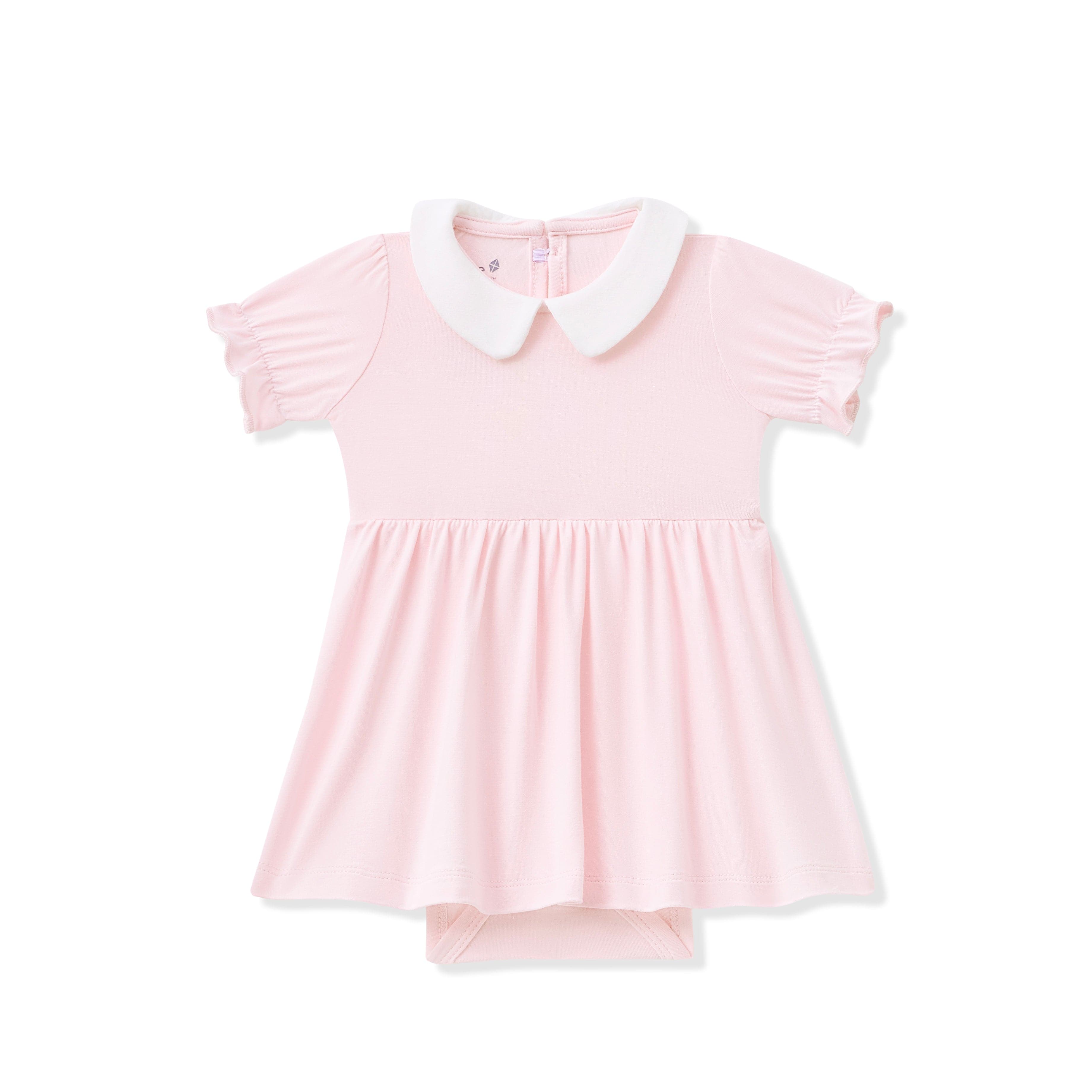 Pink bodysuit dress with white collar on a white background