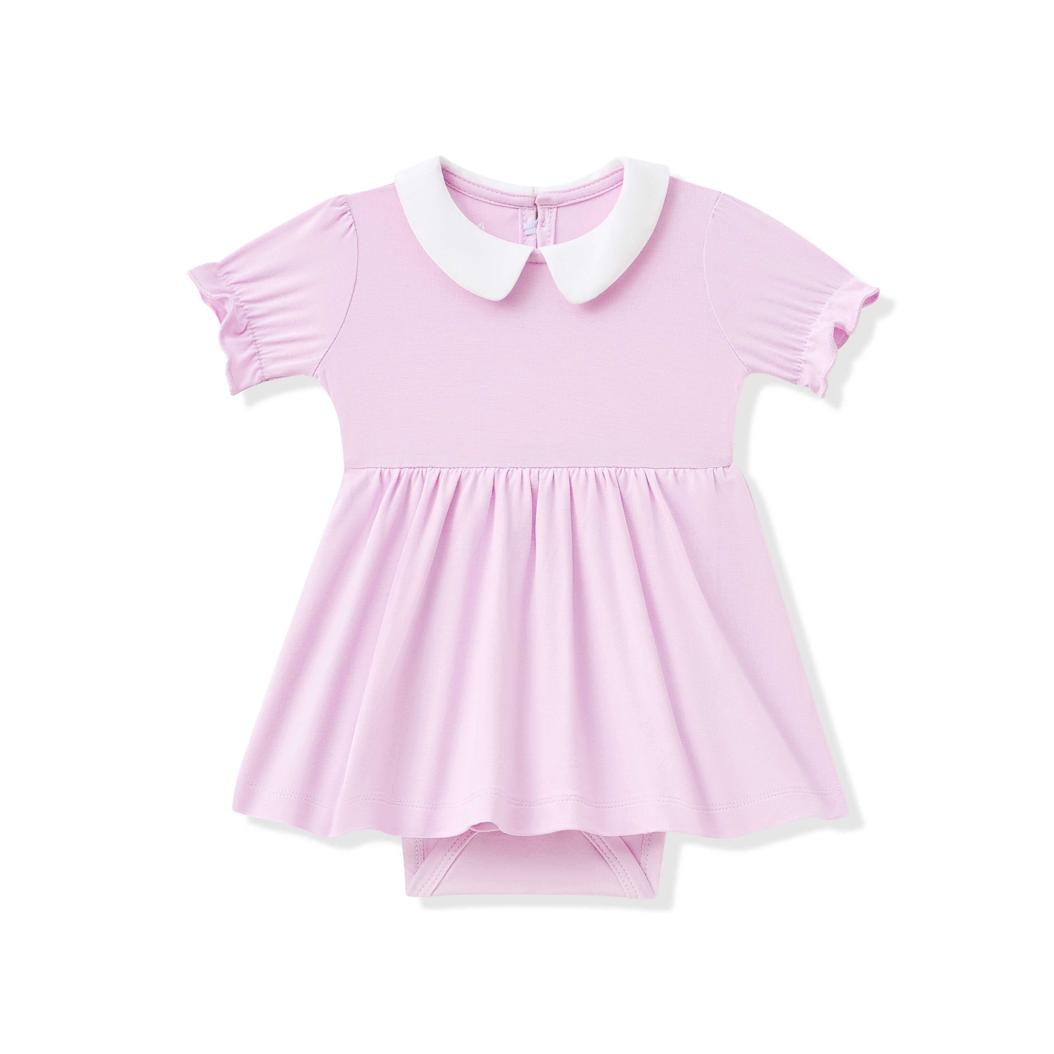 Purple dress with white collar on a white background