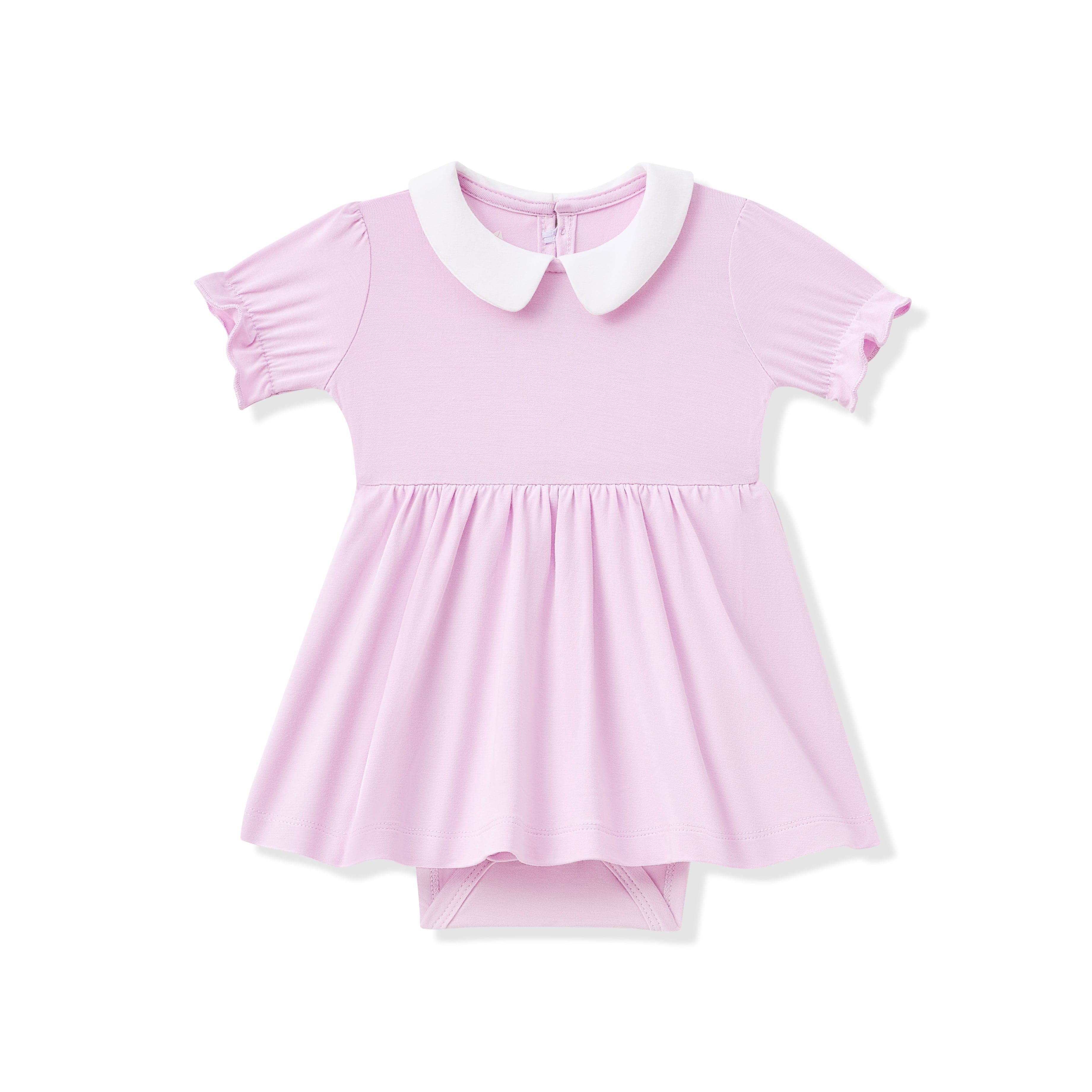 Purple dress with white collar on a white background