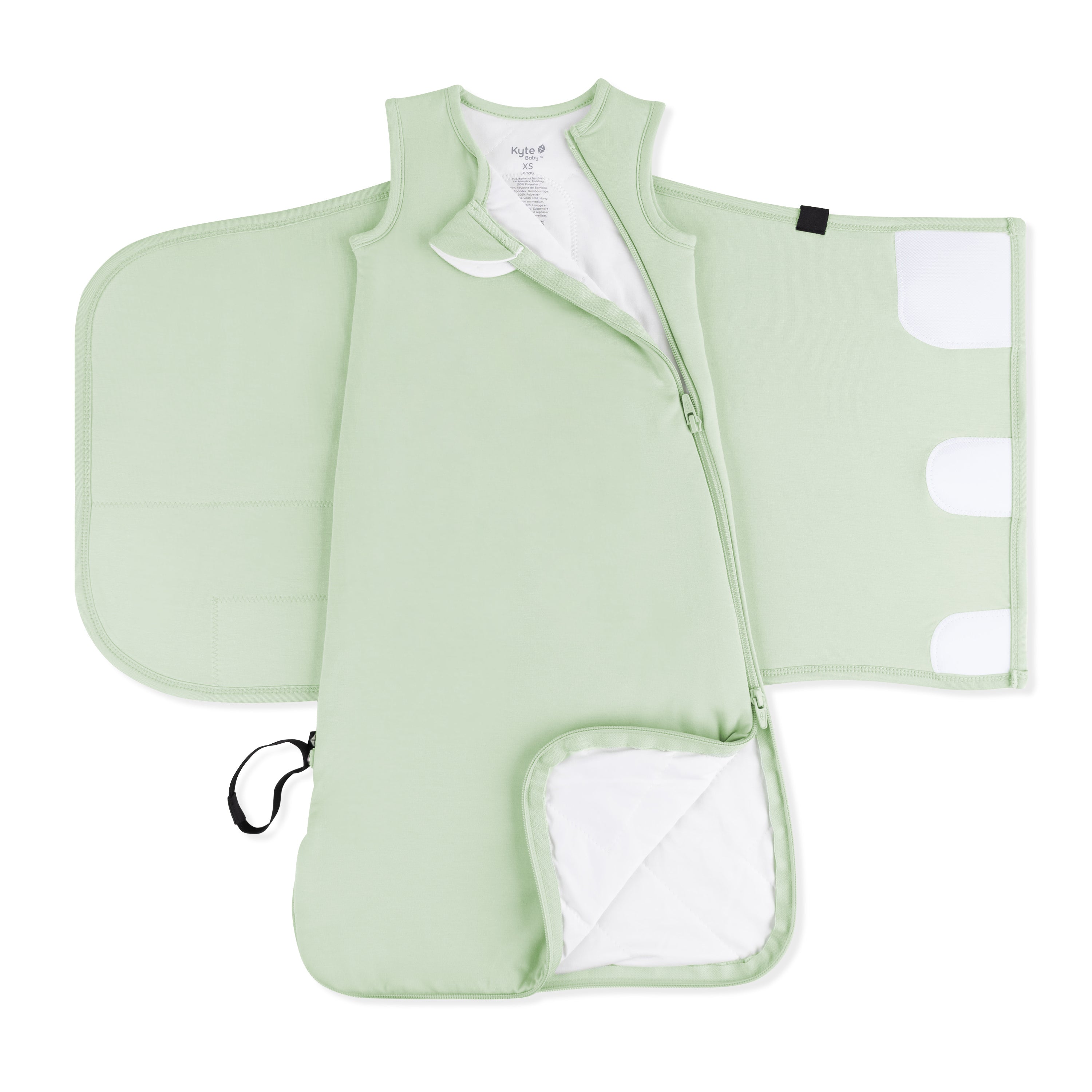 Double zipper shown on an unswaddled Sleep Bag Swaddler in Basil 1.0