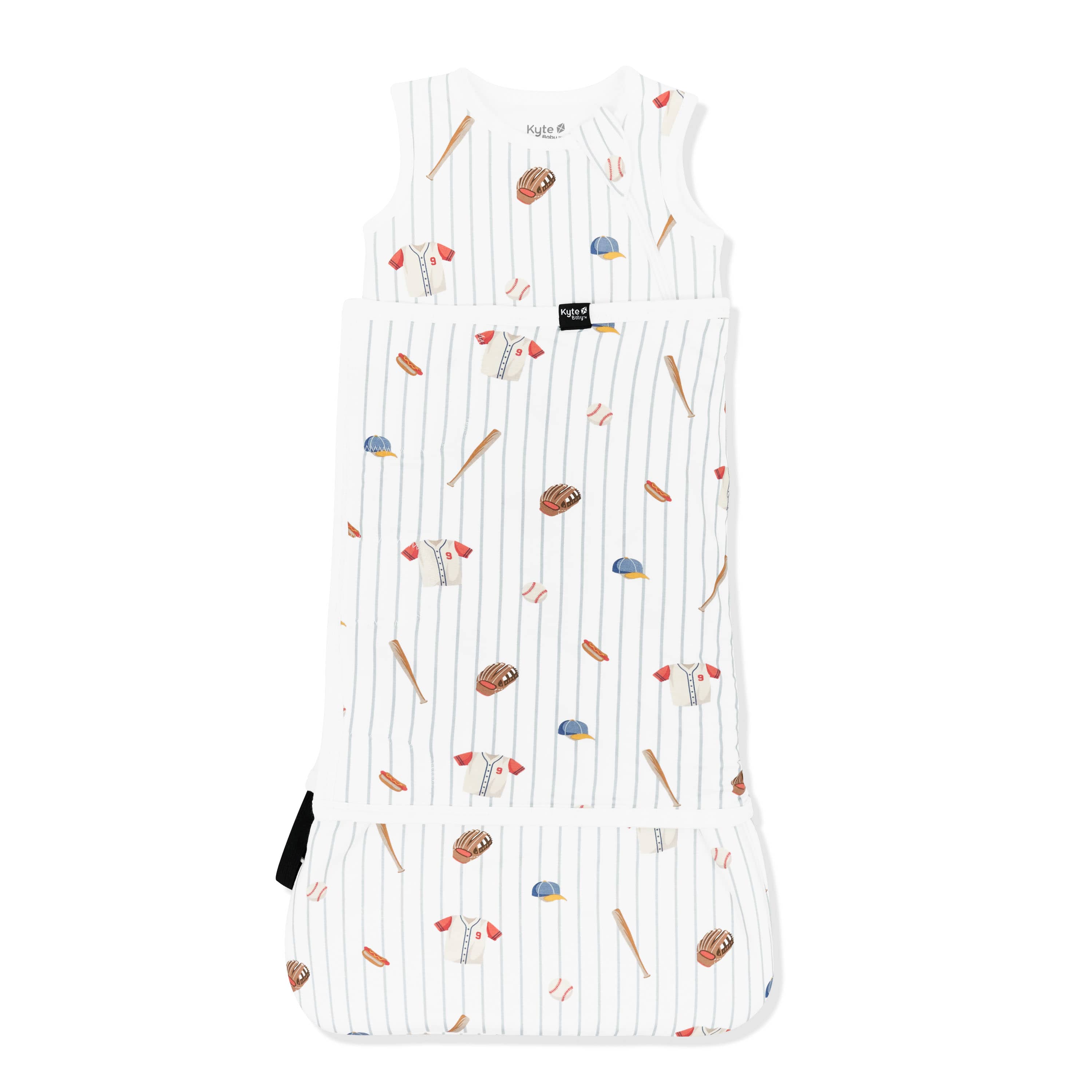 Sleep Bag Swaddler in Home Run 1.0 shown swaddled on a white background