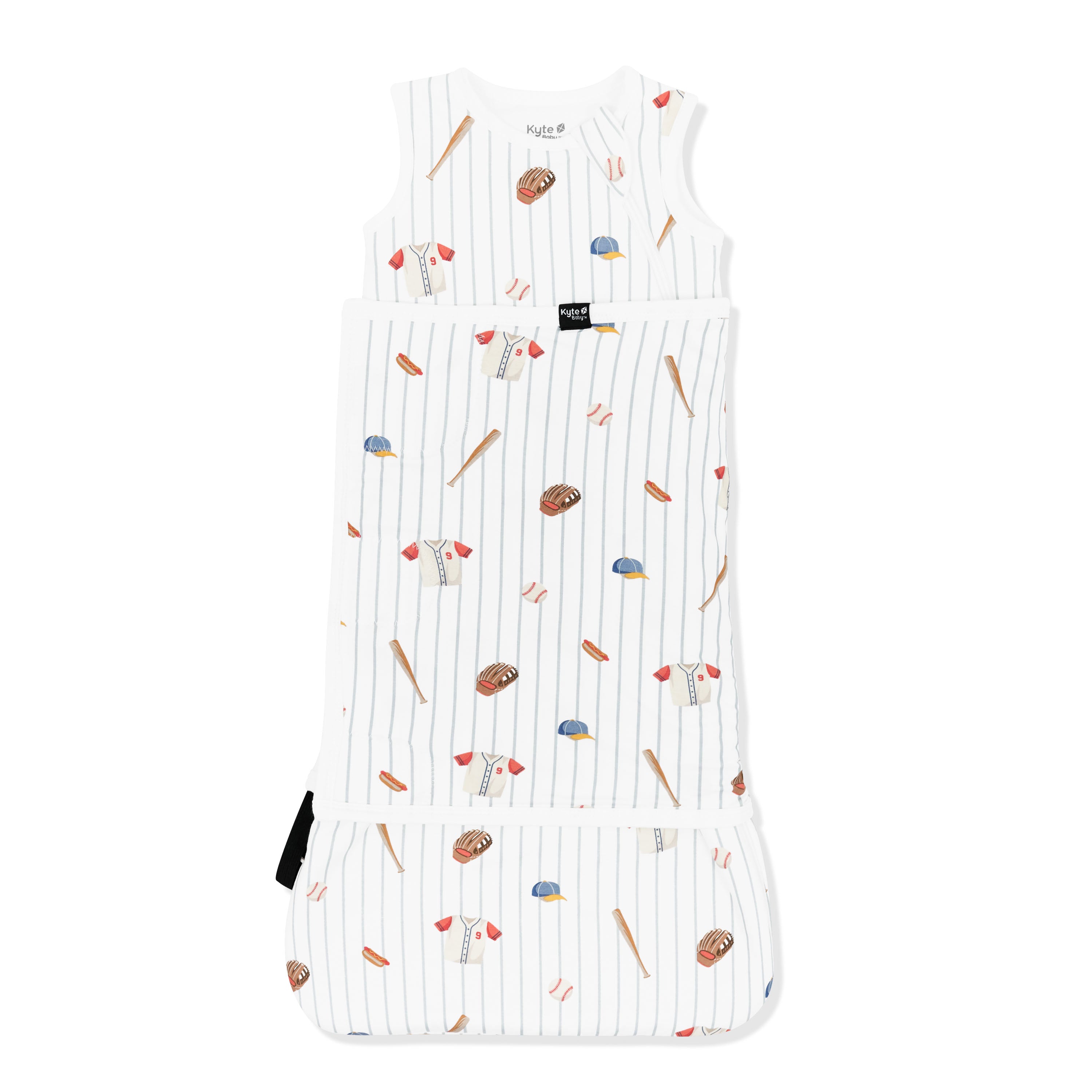 Sleep Bag Swaddler in Home Run 1.0 shown swaddled on a white background