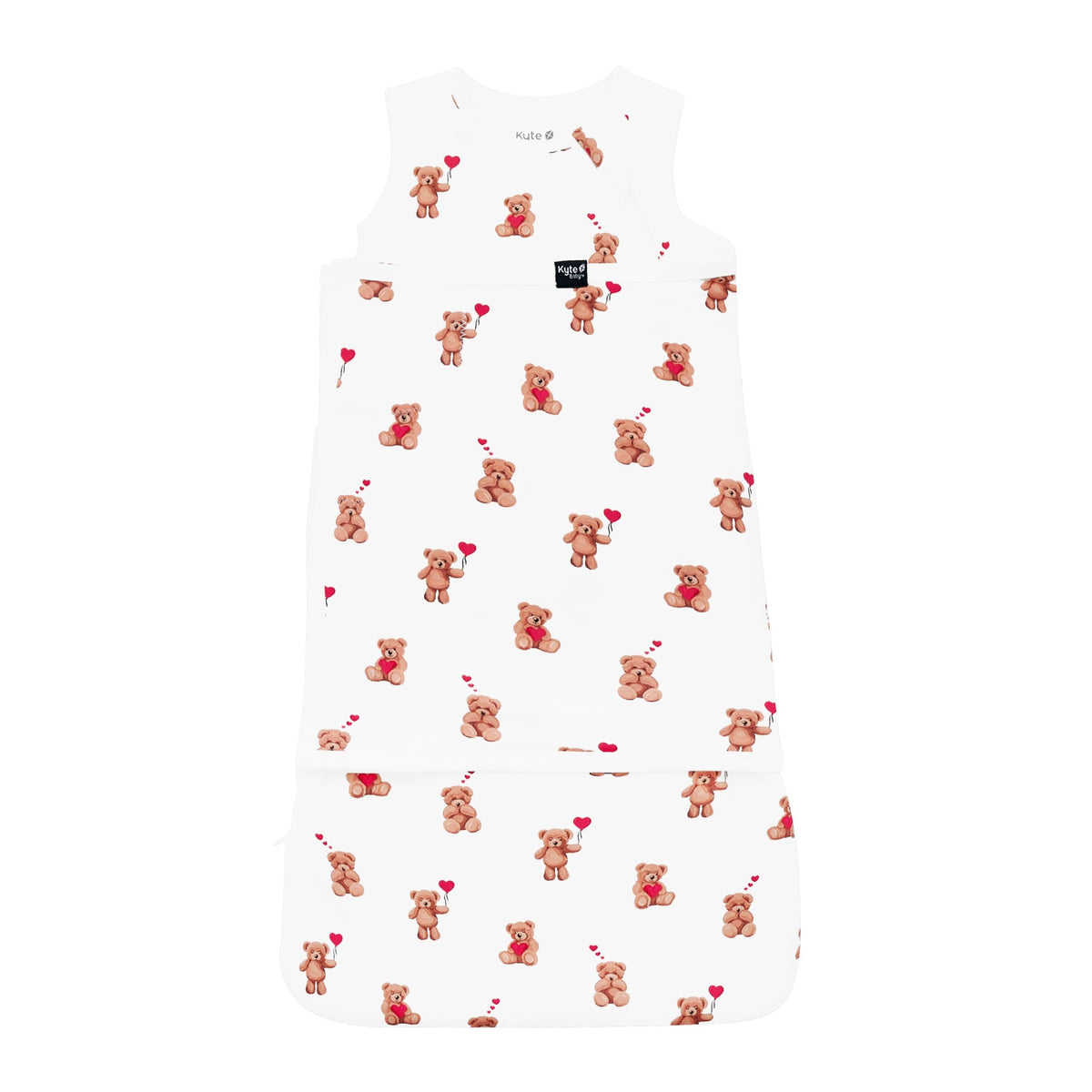 Product photo of the Sleep Bag Swaddler in Bear Hearts 1.0 shown swaddled