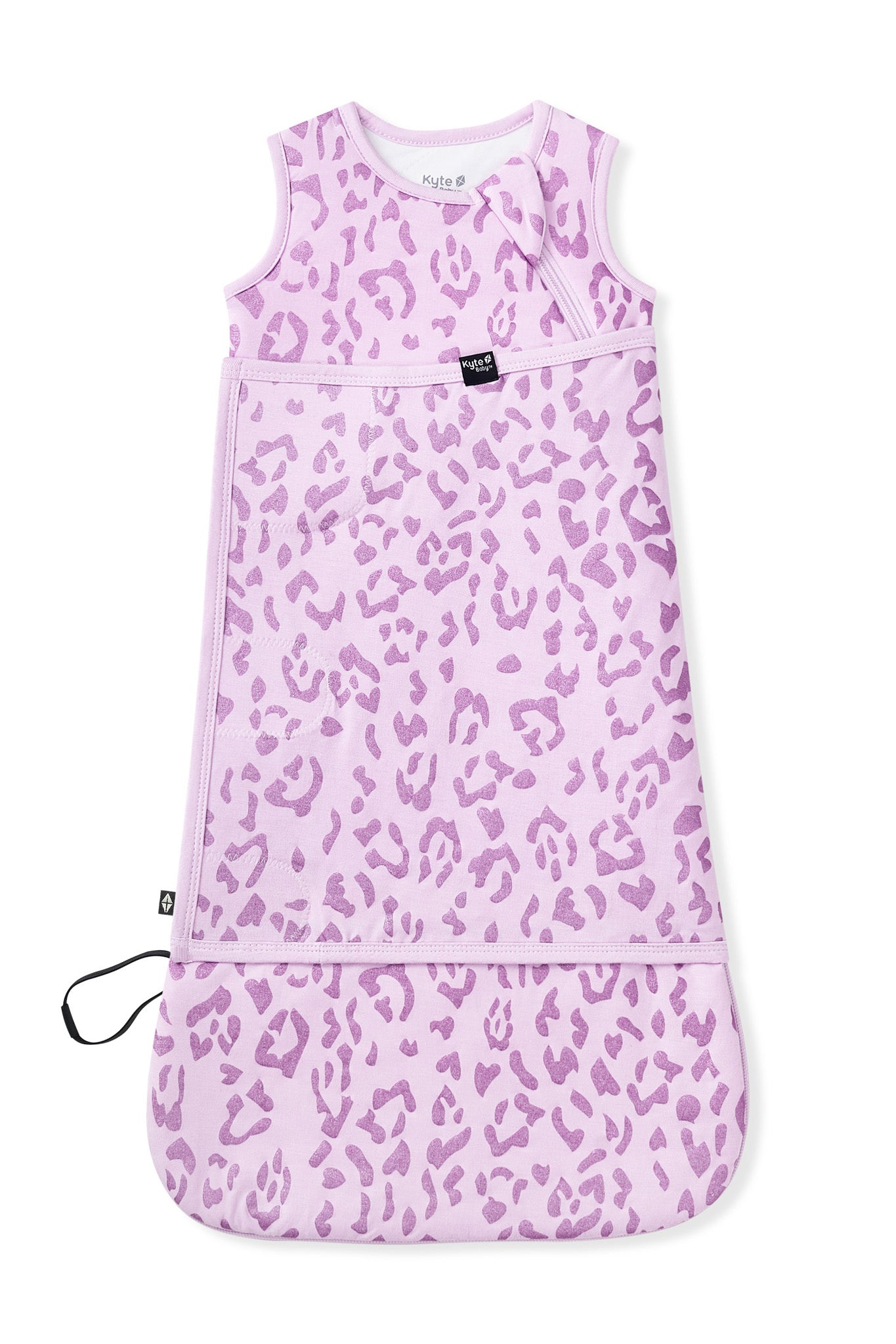 Sleep Bag Swaddler in Thistle Leopard print shown swaddled on white background