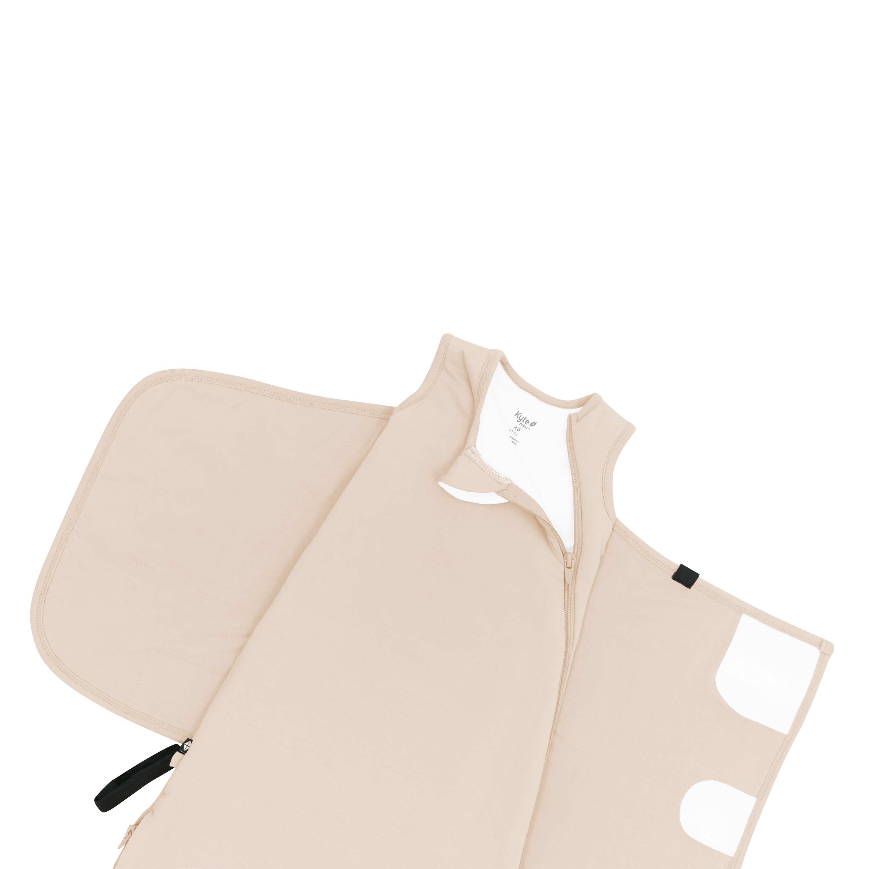 Zipper garage and top zipper shown on an unswaddled Sleep Bag Swaddler in Bisque 1.0