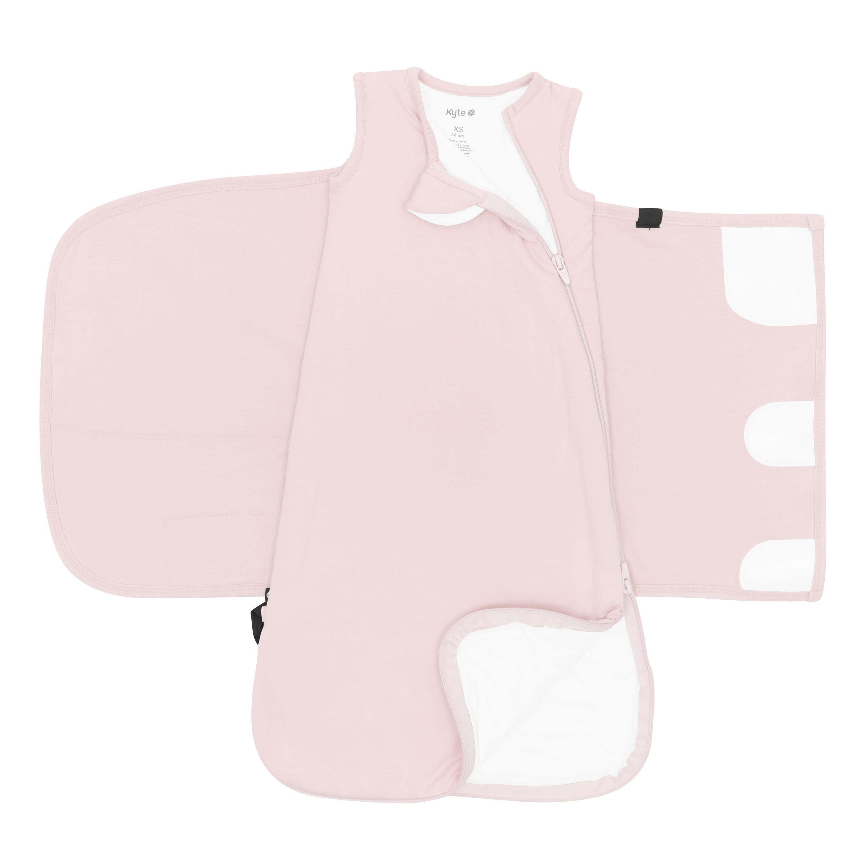 Sleep Bag Swaddler in Blush 1.0 unswaddled showing the double zipper on the top and bottom zipper track