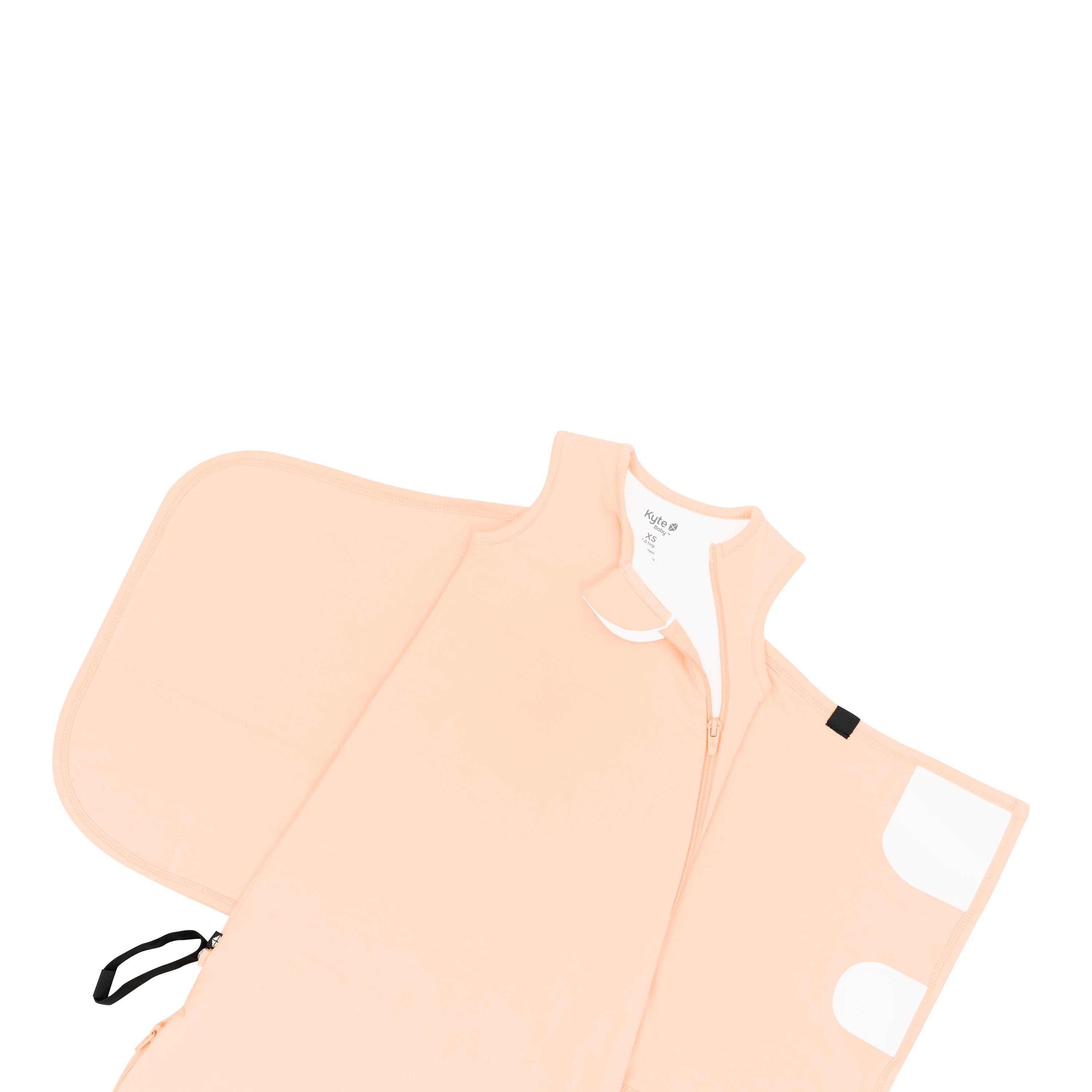 Unswaddled Sleep Bag Swaddler in Canyon 1.0 showing the zipper garage and top zipper undone