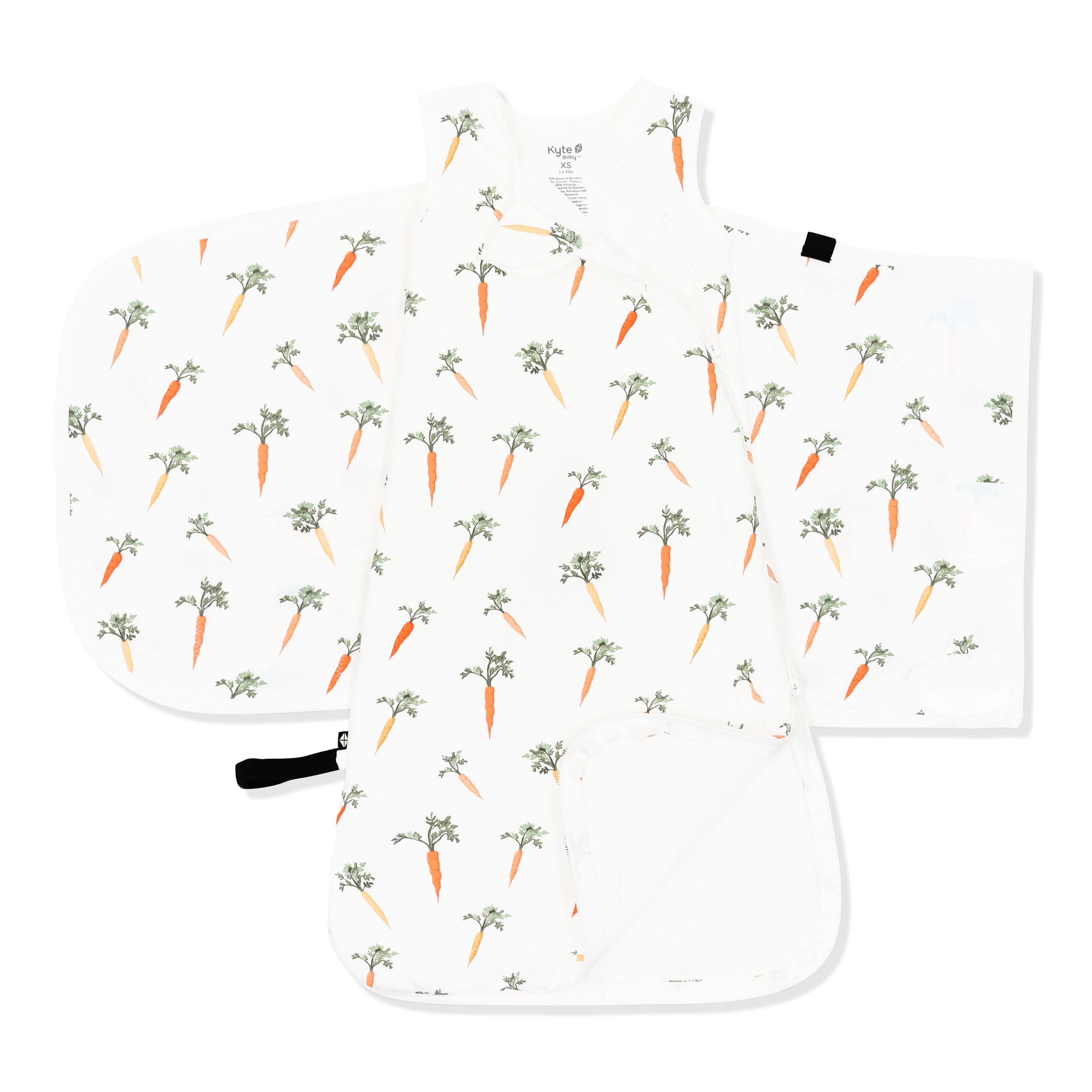 Double zipper shown on an unswaddled Sleep Bag Swaddler in Carrot 1.0