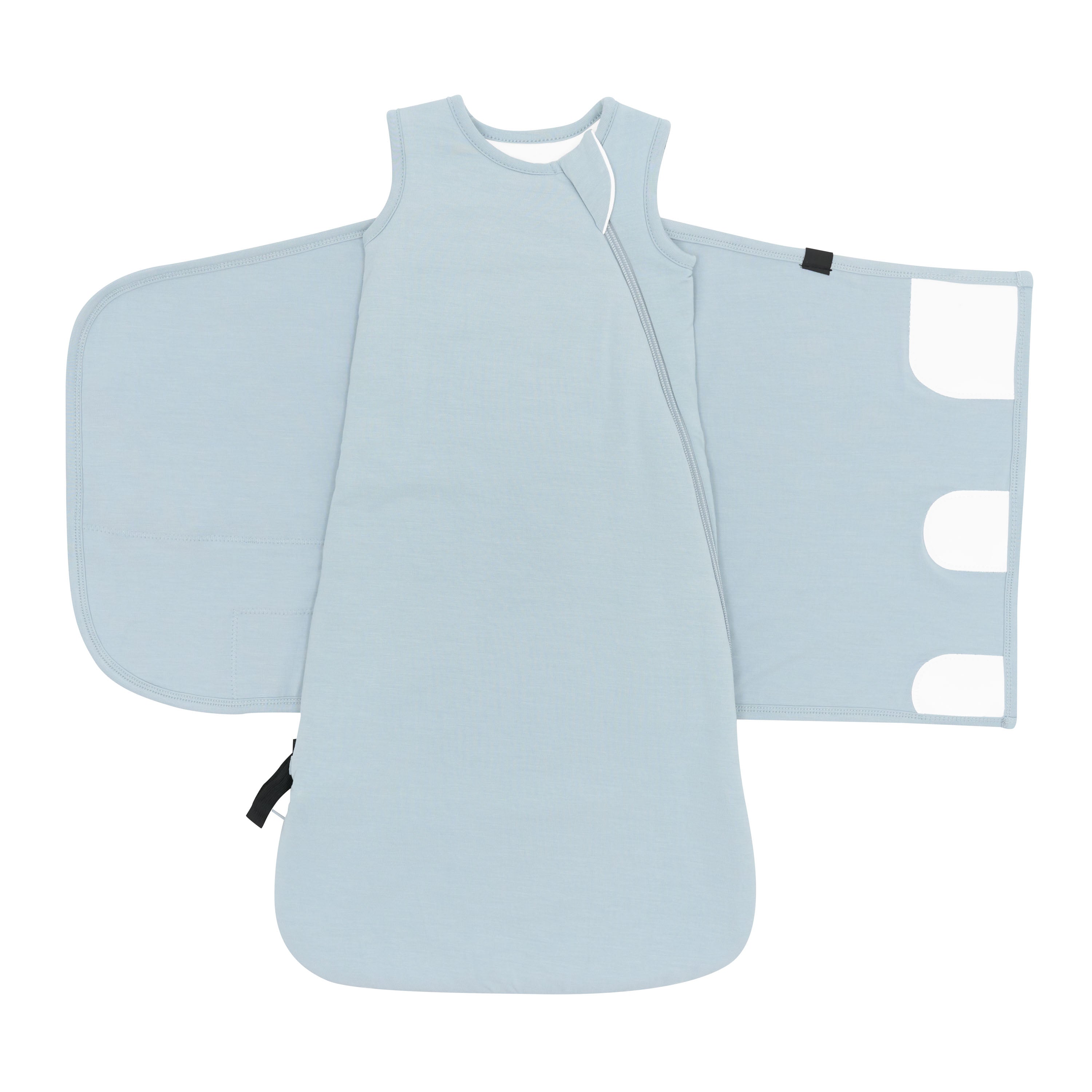 Unswaddled Sleep Bag Swaddler in Fog 1.0 showing the elastic band and adjustable velcro swaddle wrap