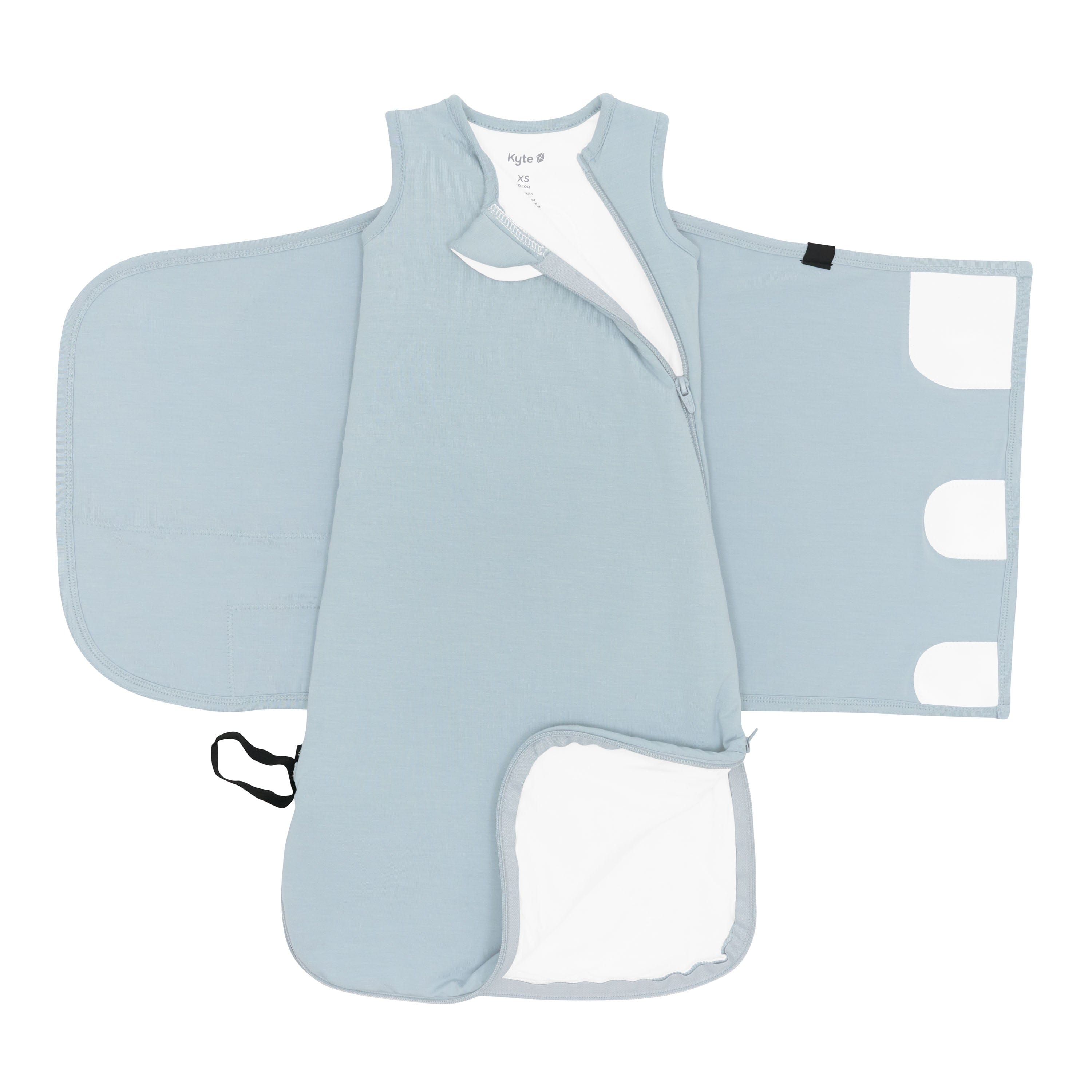Unswaddled Sleep Bag Swaddler in Fog 1.0 showing the double zipper function of both the top and bottom zipper track