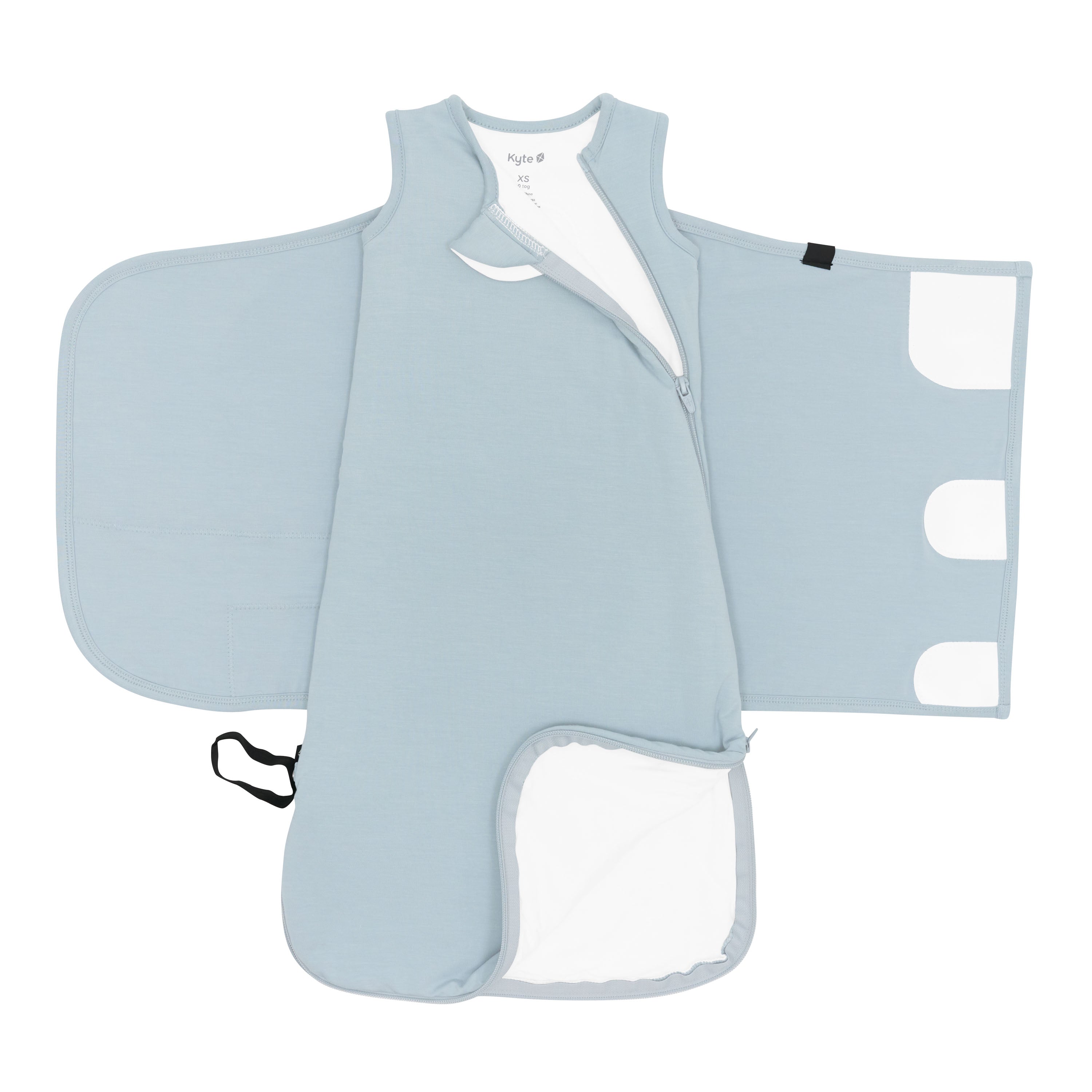 Unswaddled Sleep Bag Swaddler in Fog 1.0 showing the double zipper function of both the top and bottom zipper track